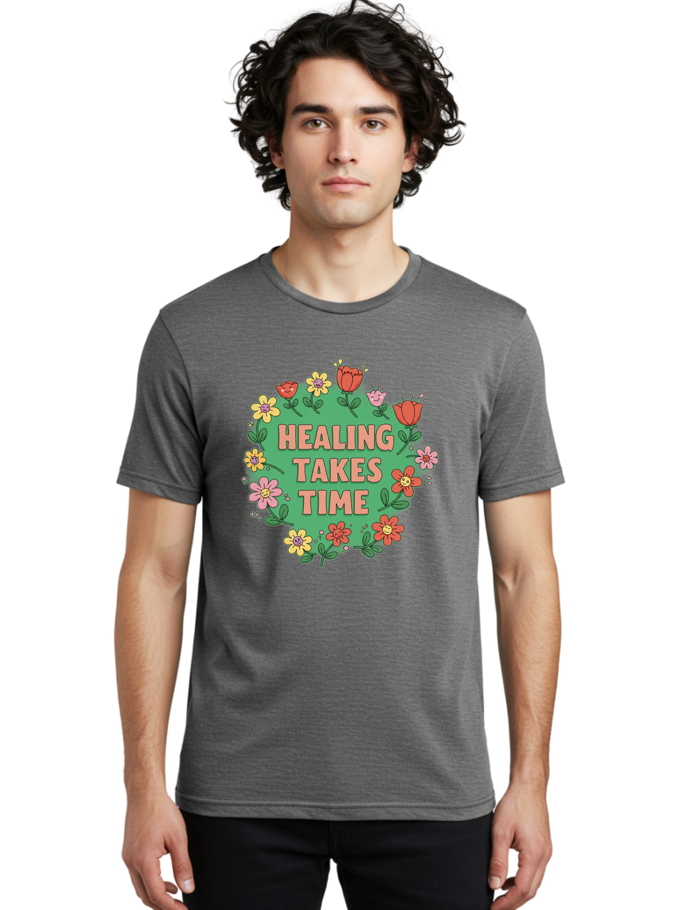 Healing-Takes-Time-3 Men'S Graphic Tee, 100% Cotton, Comfortable Casual Summer Wear, Machine Washable, Floral Wreath, Healing Takes Time, Inspirational Quote, Motivational Message, Self Care, Wellness, Mindfulness, Positive Affirmation Bae033 30