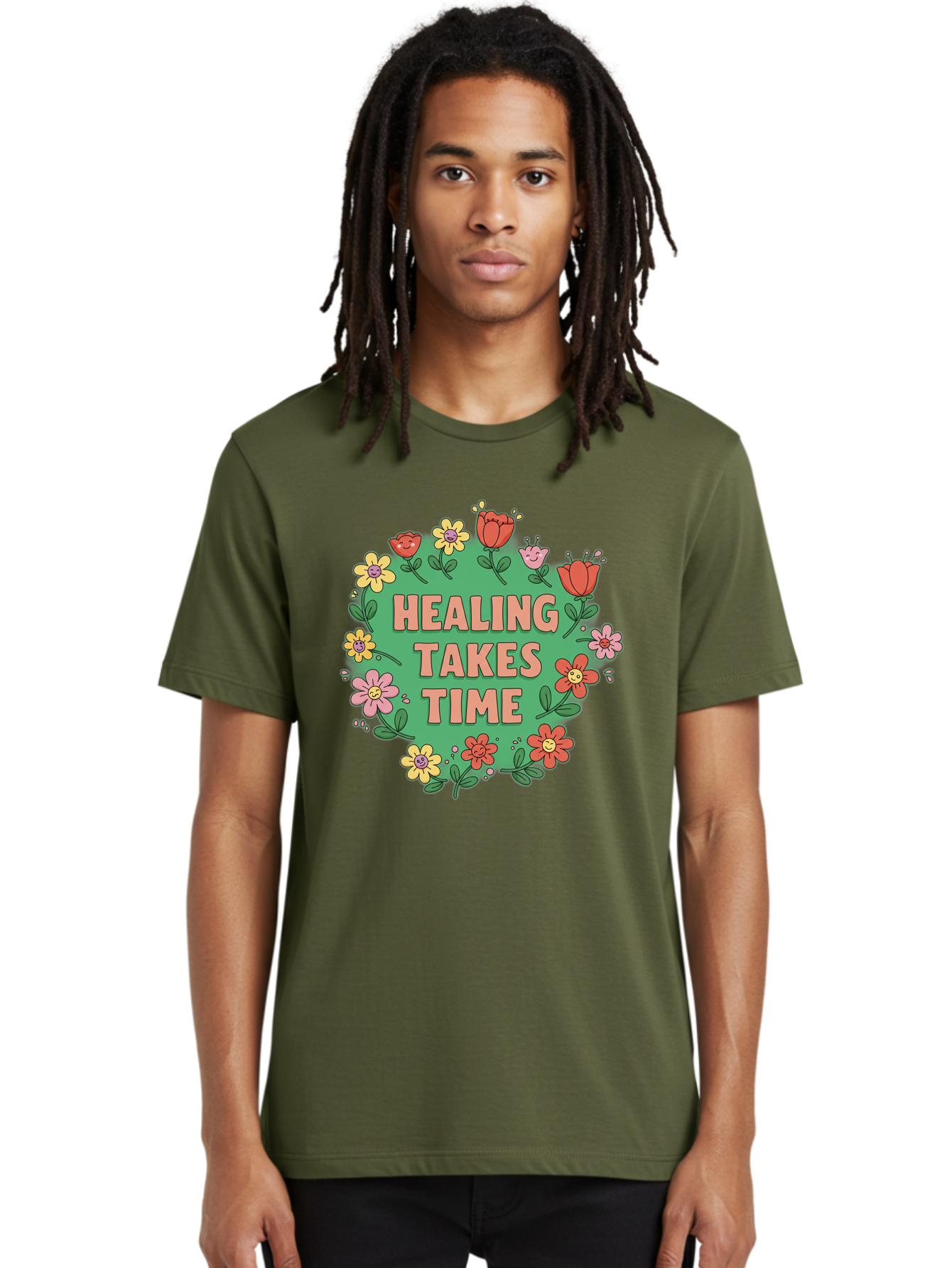 Healing-Takes-Time-3 Men'S Graphic Tee, 100% Cotton, Comfortable Casual Summer Wear, Machine Washable, Floral Wreath, Healing Takes Time, Inspirational Quote, Motivational Message, Self Care, Wellness, Mindfulness, Positive Affirmation Bae033 29