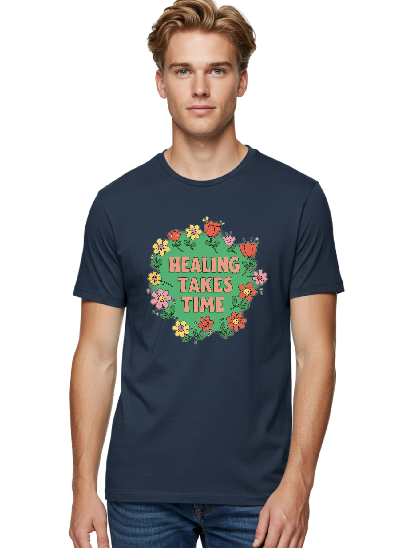 Healing-Takes-Time-3 Men'S Graphic Tee, 100% Cotton, Comfortable Casual Summer Wear, Machine Washable, Floral Wreath, Healing Takes Time, Inspirational Quote, Motivational Message, Self Care, Wellness, Mindfulness, Positive Affirmation Bae033 20