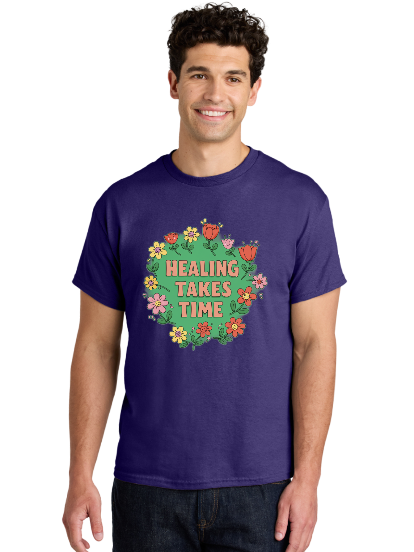 Healing-Takes-Time-3 Men'S Graphic Tee, 100% Cotton, Comfortable Casual Summer Wear, Machine Washable, Floral Wreath, Healing Takes Time, Inspirational Quote, Motivational Message, Self Care, Wellness, Mindfulness, Positive Affirmation Bae033 19