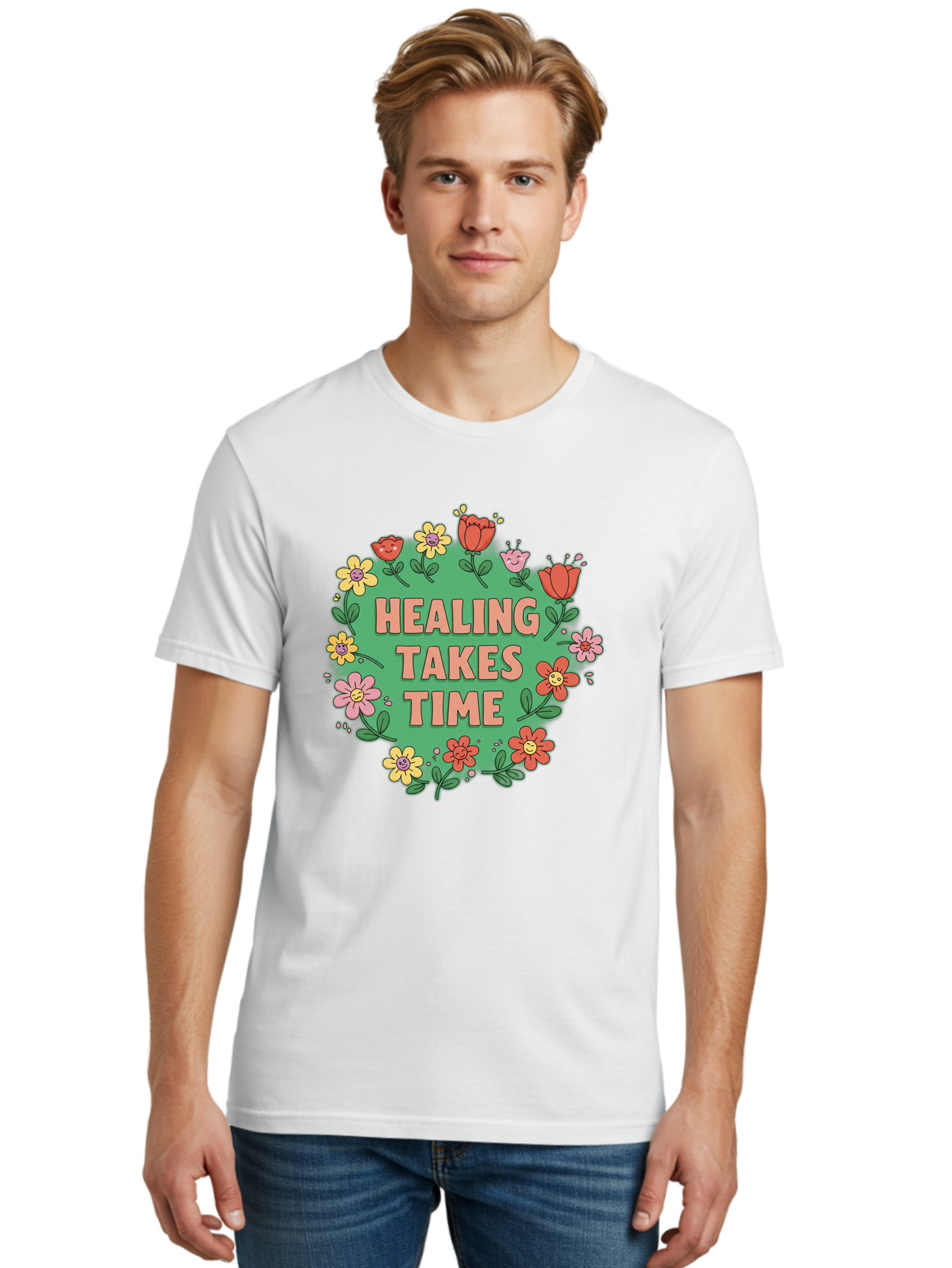 Healing-Takes-Time-3 Men'S Graphic Tee, 100% Cotton, Comfortable Casual Summer Wear, Machine Washable, Floral Wreath, Healing Takes Time, Inspirational Quote, Motivational Message, Self Care, Wellness, Mindfulness, Positive Affirmation Bae033 25