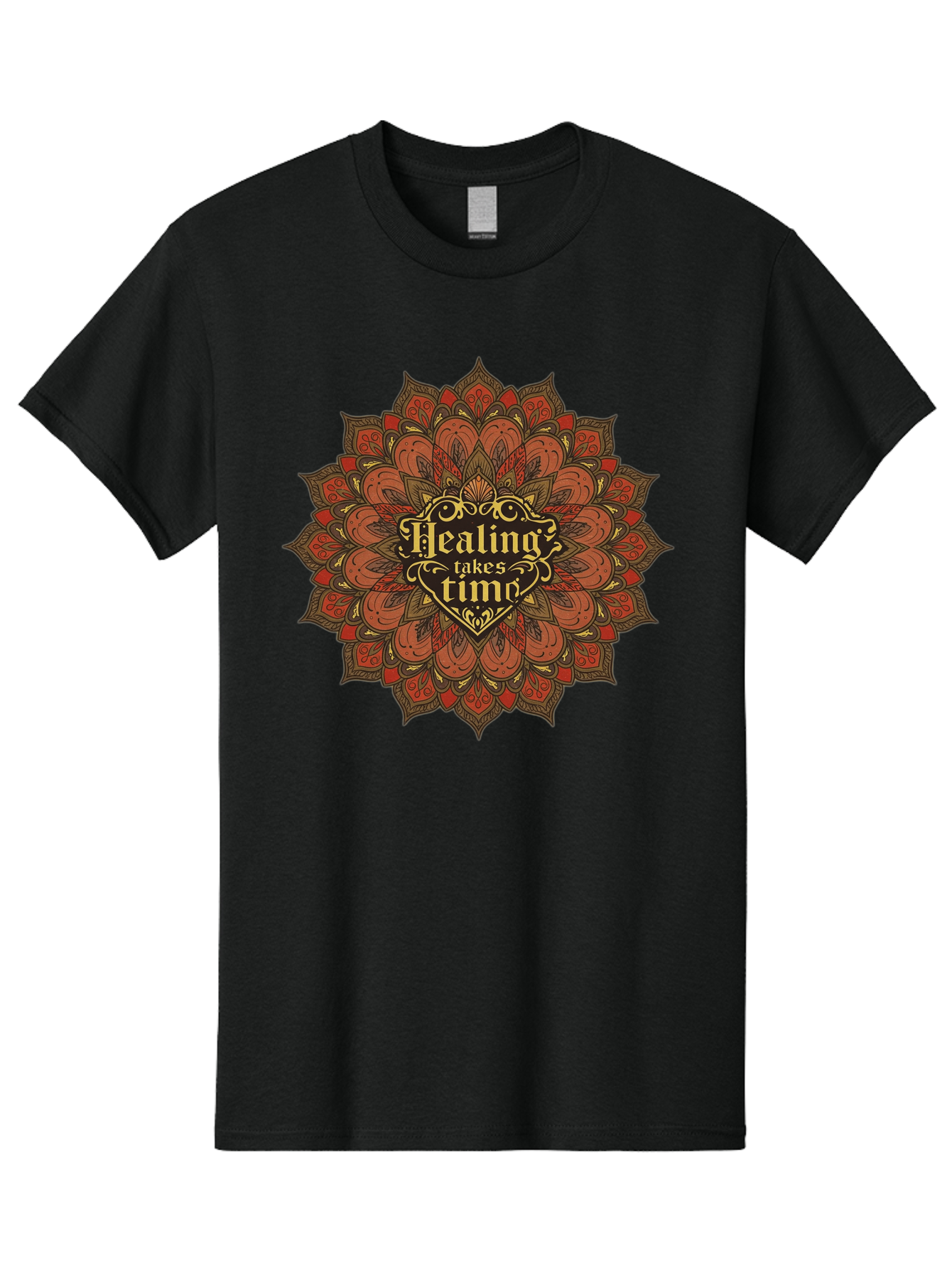Healing-Takes-Time-4 Men'S Graphic Tee, 100% Cotton, Comfortable Casual Summer Wear, Machine Washable, Mandala Design, Healing Takes Time, Red And Gold Patterns, Intricate Details, Motivational Quote, Mindfulness, Self-Care, Bae034 11