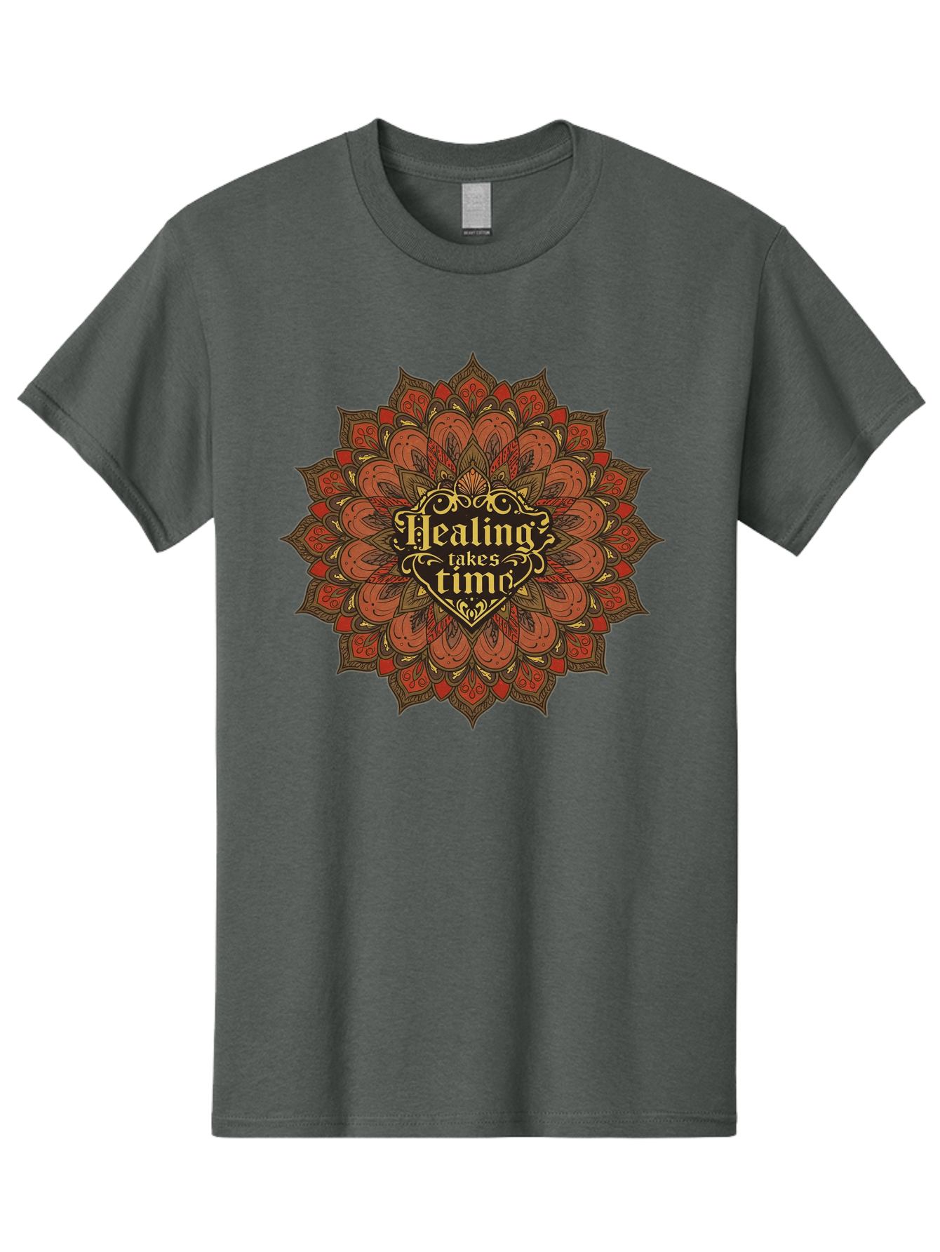 Healing-Takes-Time-4 Men'S Graphic Tee, 100% Cotton, Comfortable Casual Summer Wear, Machine Washable, Mandala Design, Healing Takes Time, Red And Gold Patterns, Intricate Details, Motivational Quote, Mindfulness, Self-Care, Bae034 12