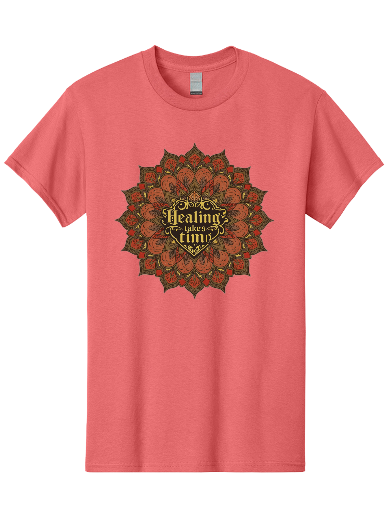 Healing-Takes-Time-4 Men'S Graphic Tee, 100% Cotton, Comfortable Casual Summer Wear, Machine Washable, Mandala Design, Healing Takes Time, Red And Gold Patterns, Intricate Details, Motivational Quote, Mindfulness, Self-Care, Bae034 14