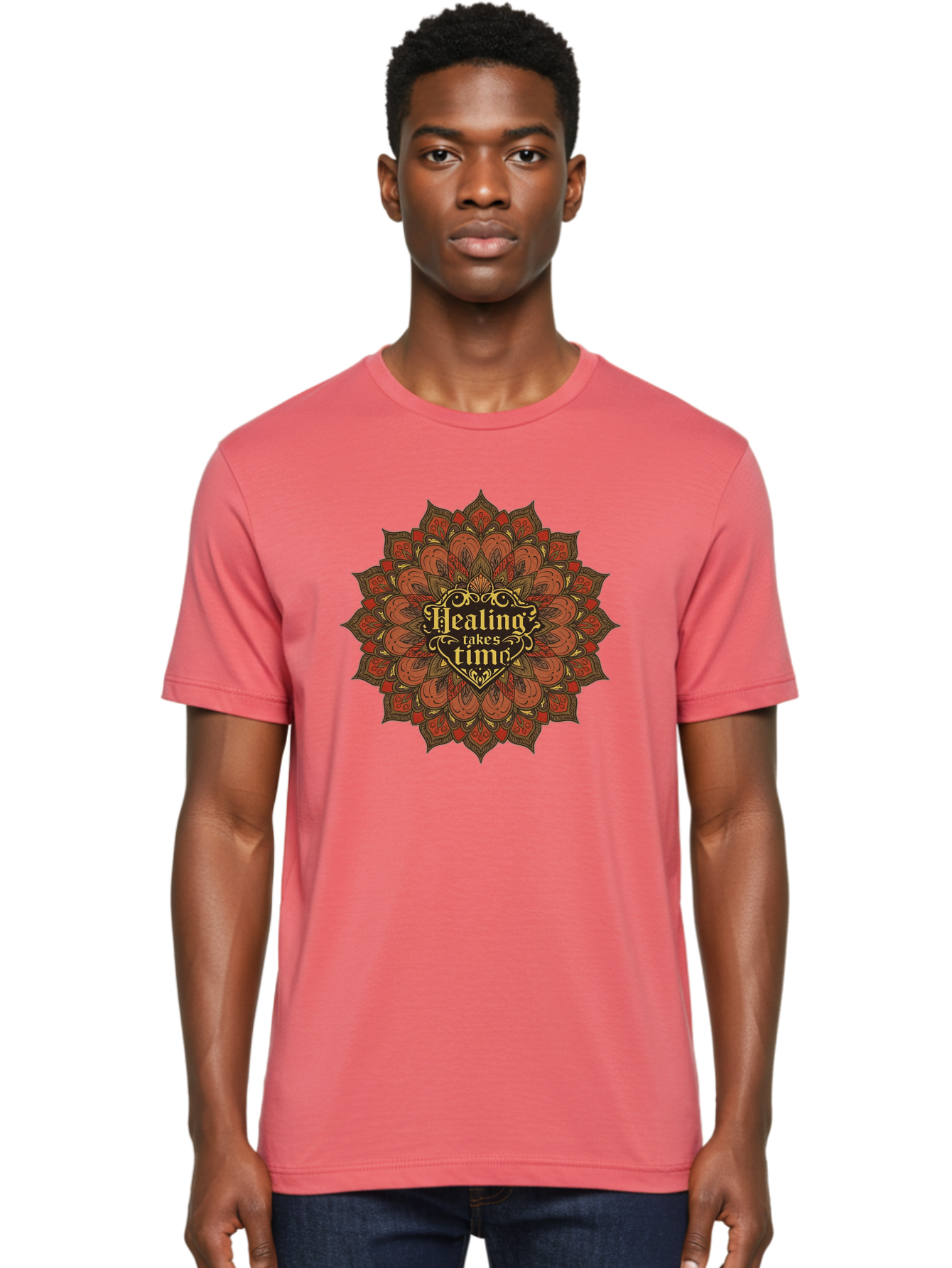 Healing-Takes-Time-4 Men'S Graphic Tee, 100% Cotton, Comfortable Casual Summer Wear, Machine Washable, Mandala Design, Healing Takes Time, Red And Gold Patterns, Intricate Details, Motivational Quote, Mindfulness, Self-Care, Bae034 29