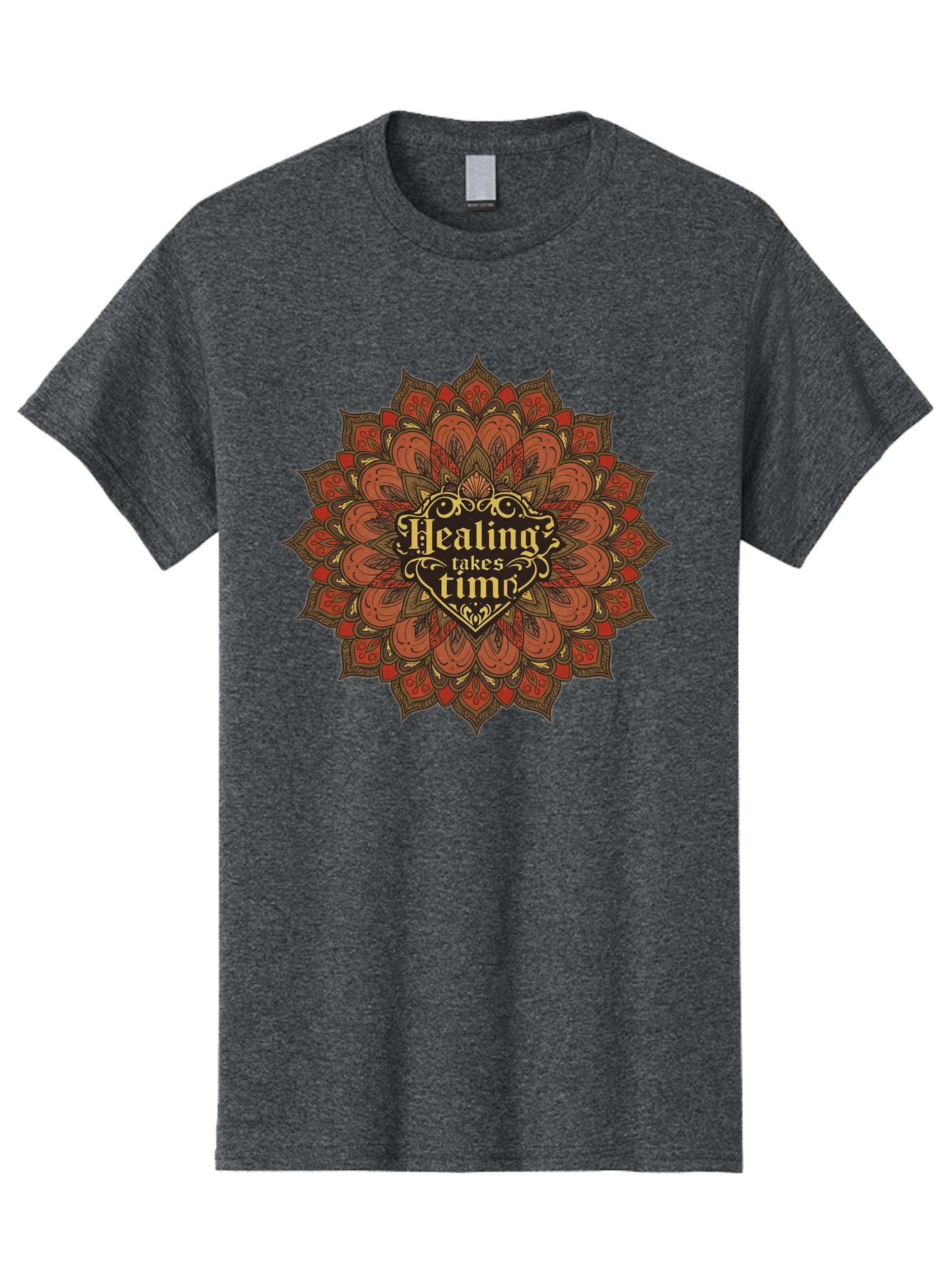 Healing-Takes-Time-4 Men'S Graphic Tee, 100% Cotton, Comfortable Casual Summer Wear, Machine Washable, Mandala Design, Healing Takes Time, Red And Gold Patterns, Intricate Details, Motivational Quote, Mindfulness, Self-Care, Bae034 7