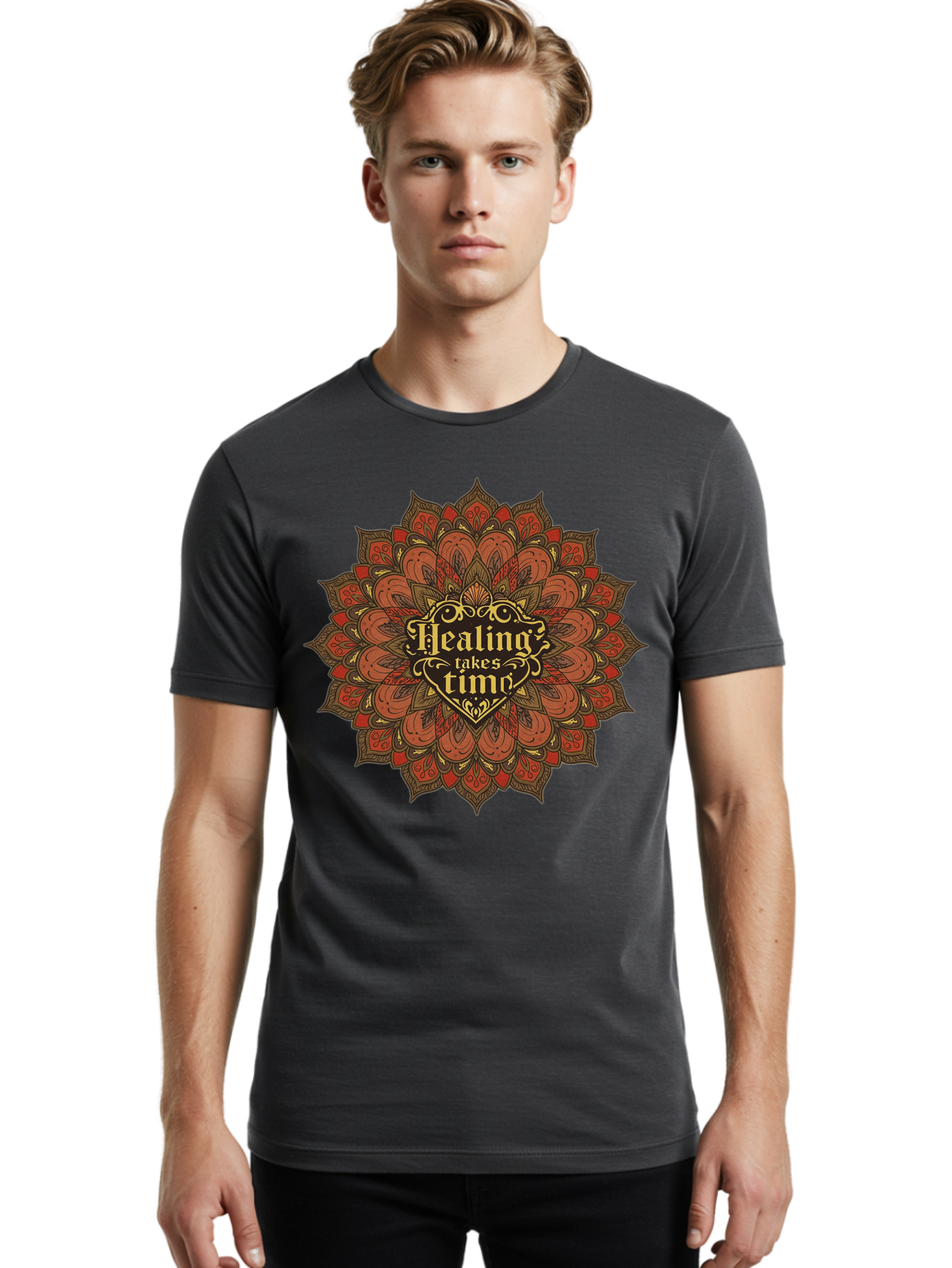 Healing-Takes-Time-4 Men'S Graphic Tee, 100% Cotton, Comfortable Casual Summer Wear, Machine Washable, Mandala Design, Healing Takes Time, Red And Gold Patterns, Intricate Details, Motivational Quote, Mindfulness, Self-Care, Bae034 22