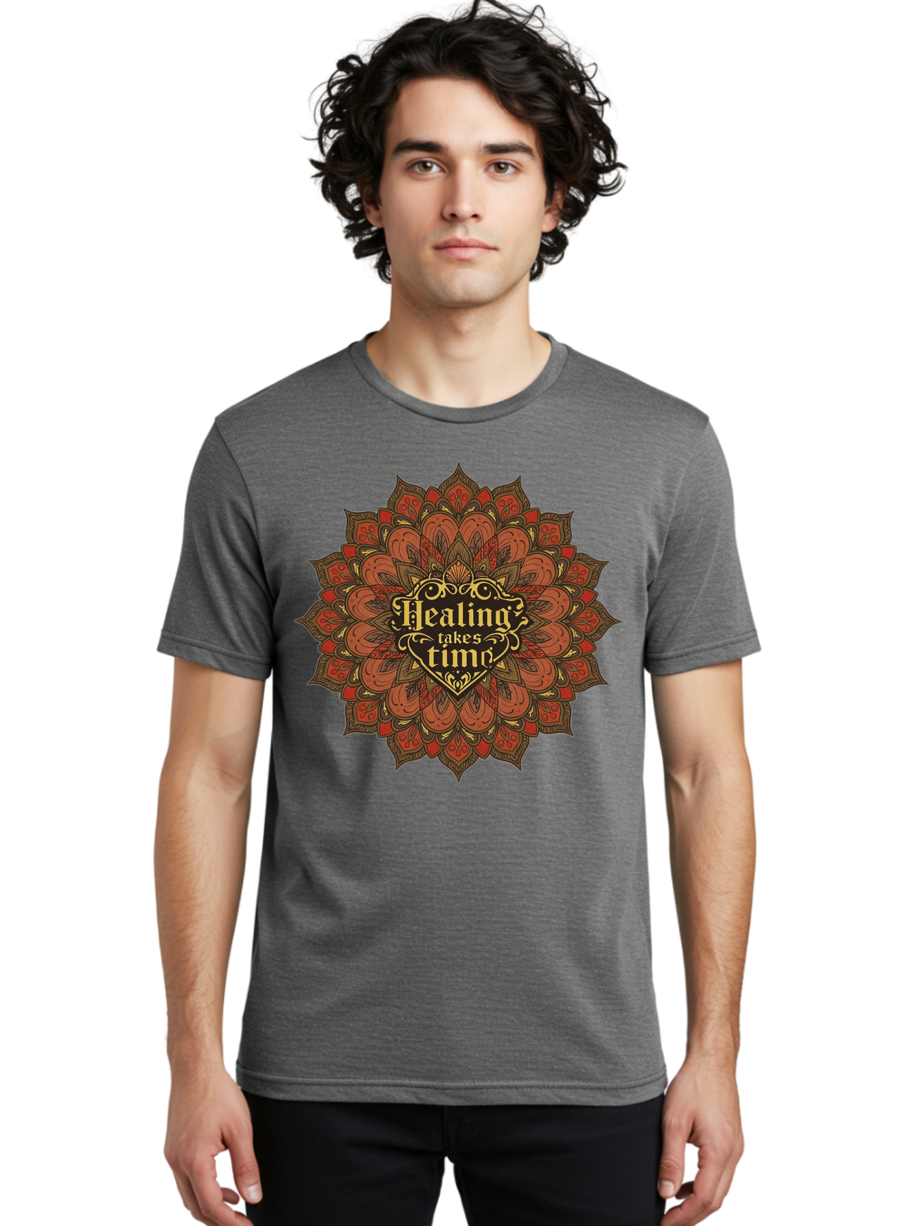 Healing-Takes-Time-4 Men'S Graphic Tee, 100% Cotton, Comfortable Casual Summer Wear, Machine Washable, Mandala Design, Healing Takes Time, Red And Gold Patterns, Intricate Details, Motivational Quote, Mindfulness, Self-Care, Bae034 28