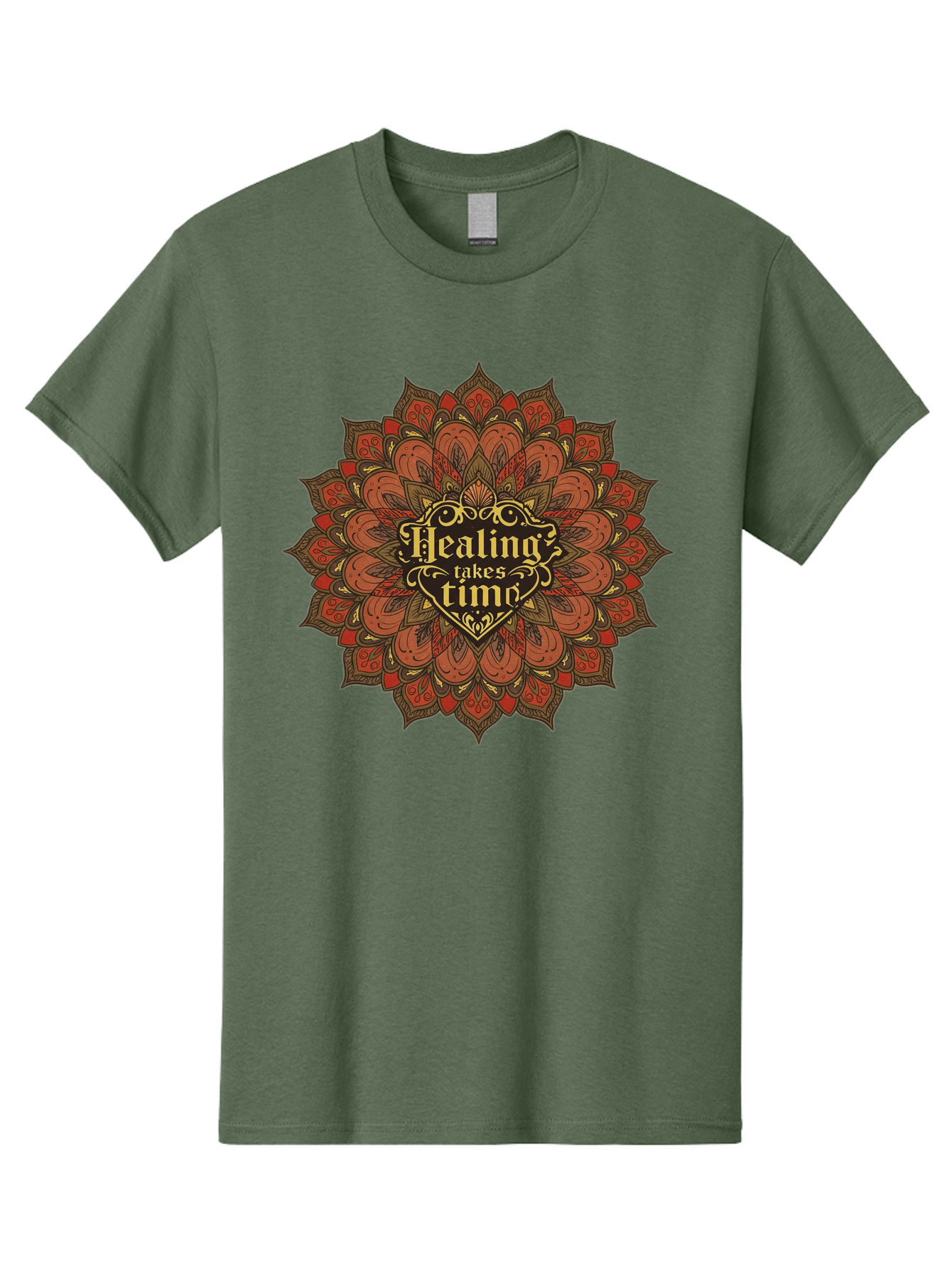 Healing-Takes-Time-4 Men'S Graphic Tee, 100% Cotton, Comfortable Casual Summer Wear, Machine Washable, Mandala Design, Healing Takes Time, Red And Gold Patterns, Intricate Details, Motivational Quote, Mindfulness, Self-Care, Bae034 1