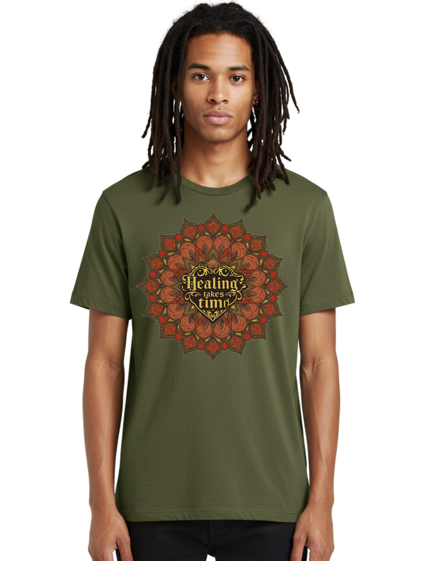 Healing-Takes-Time-4 Men'S Graphic Tee, 100% Cotton, Comfortable Casual Summer Wear, Machine Washable, Mandala Design, Healing Takes Time, Red And Gold Patterns, Intricate Details, Motivational Quote, Mindfulness, Self-Care, Bae034 16