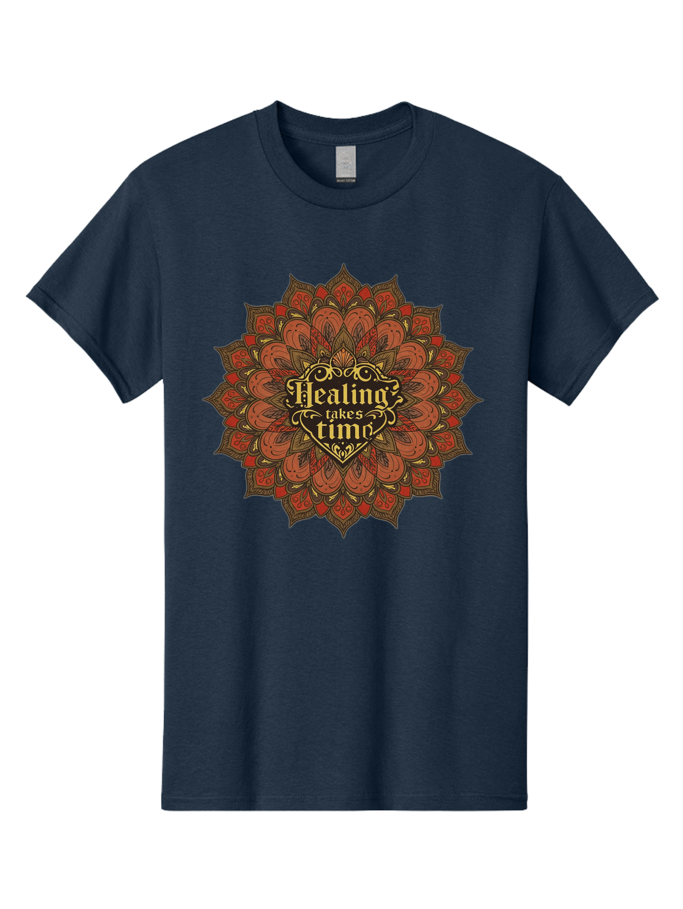 Healing-Takes-Time-4 Men'S Graphic Tee, 100% Cotton, Comfortable Casual Summer Wear, Machine Washable, Mandala Design, Healing Takes Time, Red And Gold Patterns, Intricate Details, Motivational Quote, Mindfulness, Self-Care, Bae034 5