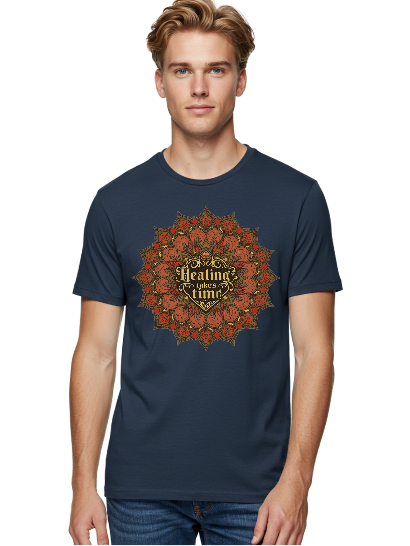 Healing-Takes-Time-4 Men'S Graphic Tee, 100% Cotton, Comfortable Casual Summer Wear, Machine Washable, Mandala Design, Healing Takes Time, Red And Gold Patterns, Intricate Details, Motivational Quote, Mindfulness, Self-Care, Bae034 20
