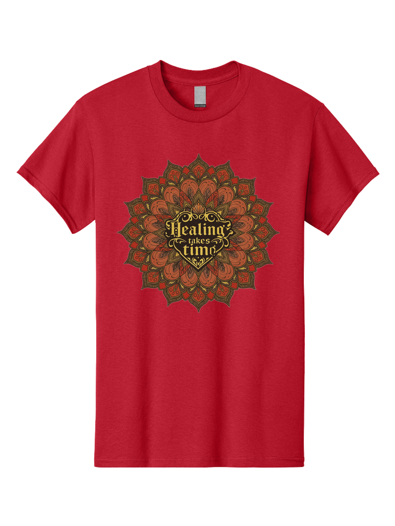 Healing-Takes-Time-4 Men'S Graphic Tee, 100% Cotton, Comfortable Casual Summer Wear, Machine Washable, Mandala Design, Healing Takes Time, Red And Gold Patterns, Intricate Details, Motivational Quote, Mindfulness, Self-Care, Bae034 6