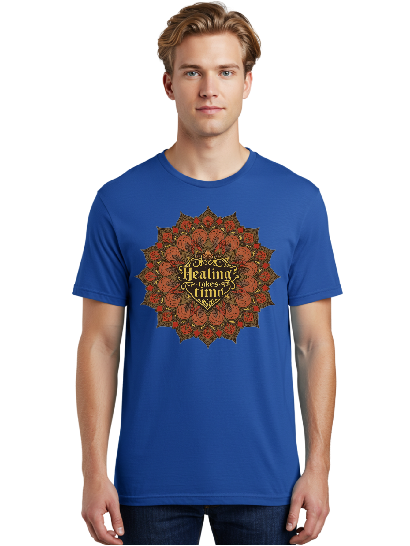 Healing-Takes-Time-4 Men'S Graphic Tee, 100% Cotton, Comfortable Casual Summer Wear, Machine Washable, Mandala Design, Healing Takes Time, Red And Gold Patterns, Intricate Details, Motivational Quote, Mindfulness, Self-Care, Bae034 18