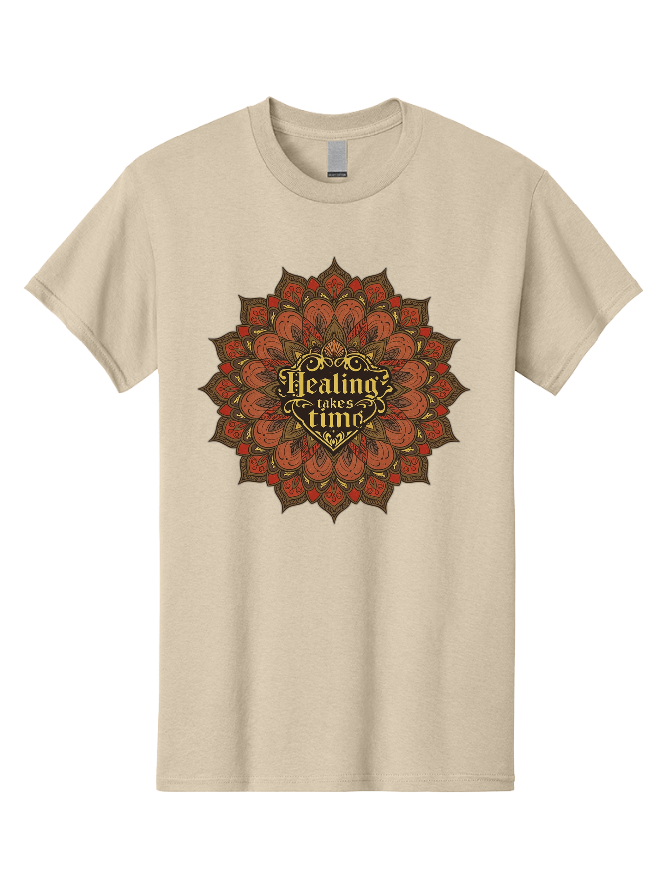 Healing-Takes-Time-4 Men'S Graphic Tee, 100% Cotton, Comfortable Casual Summer Wear, Machine Washable, Mandala Design, Healing Takes Time, Red And Gold Patterns, Intricate Details, Motivational Quote, Mindfulness, Self-Care, Bae034 4
