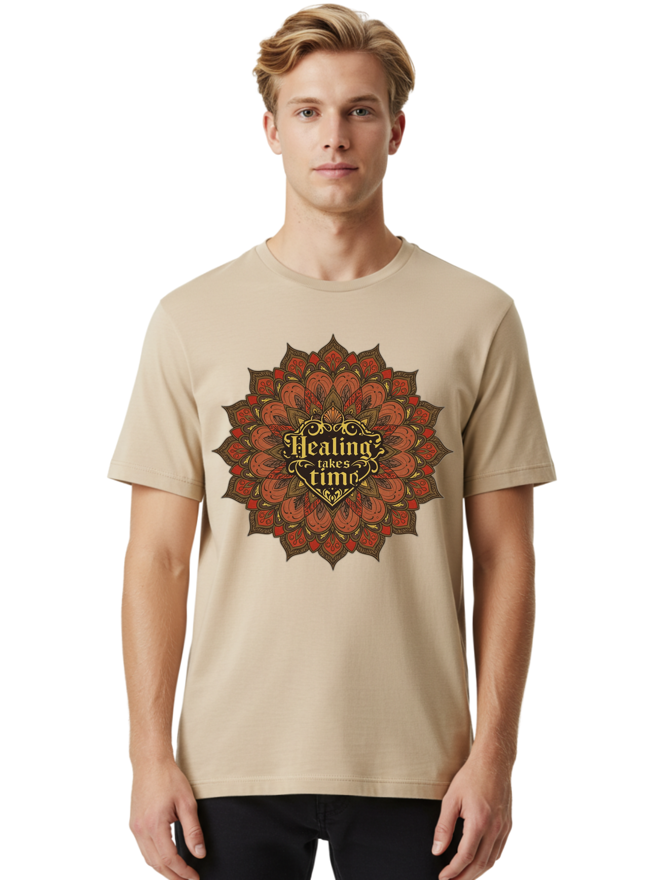 Healing-Takes-Time-4 Men'S Graphic Tee, 100% Cotton, Comfortable Casual Summer Wear, Machine Washable, Mandala Design, Healing Takes Time, Red And Gold Patterns, Intricate Details, Motivational Quote, Mindfulness, Self-Care, Bae034 19