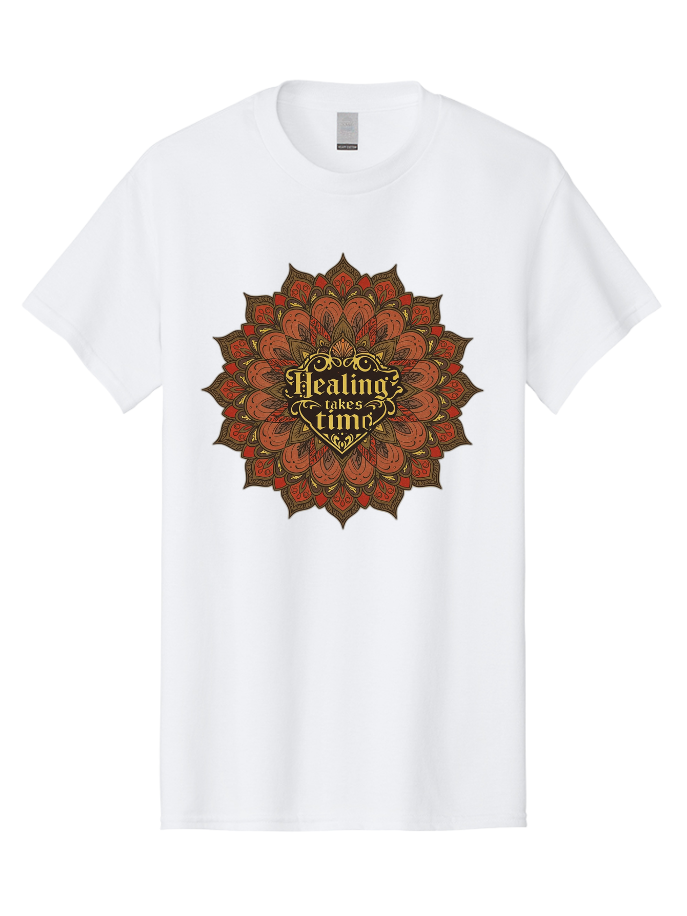 Healing-Takes-Time-4 Men'S Graphic Tee, 100% Cotton, Comfortable Casual Summer Wear, Machine Washable, Mandala Design, Healing Takes Time, Red And Gold Patterns, Intricate Details, Motivational Quote, Mindfulness, Self-Care, Bae034 15