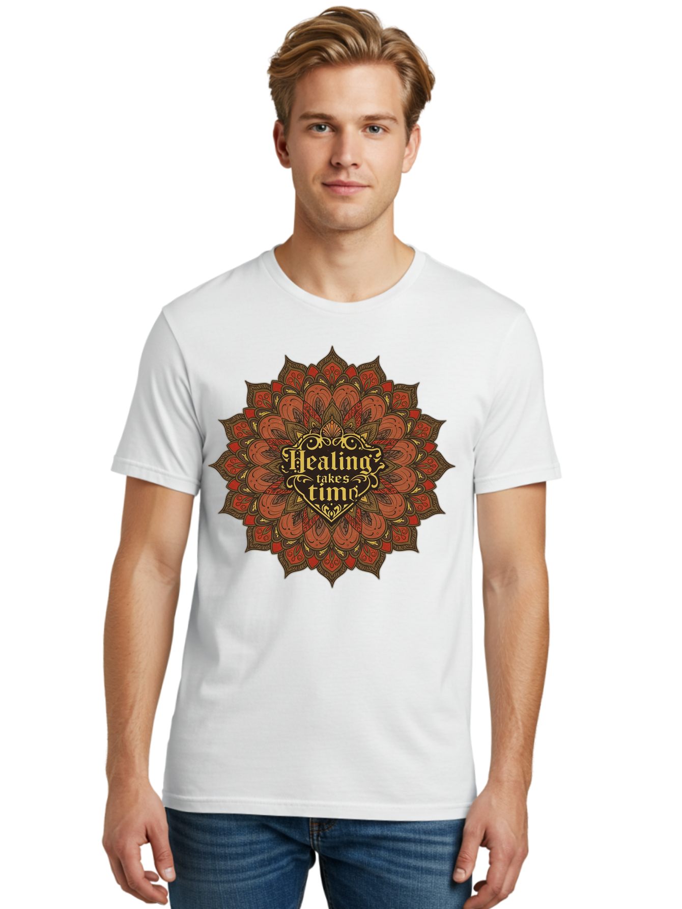 Healing-Takes-Time-4 Men'S Graphic Tee, 100% Cotton, Comfortable Casual Summer Wear, Machine Washable, Mandala Design, Healing Takes Time, Red And Gold Patterns, Intricate Details, Motivational Quote, Mindfulness, Self-Care, Bae034 30