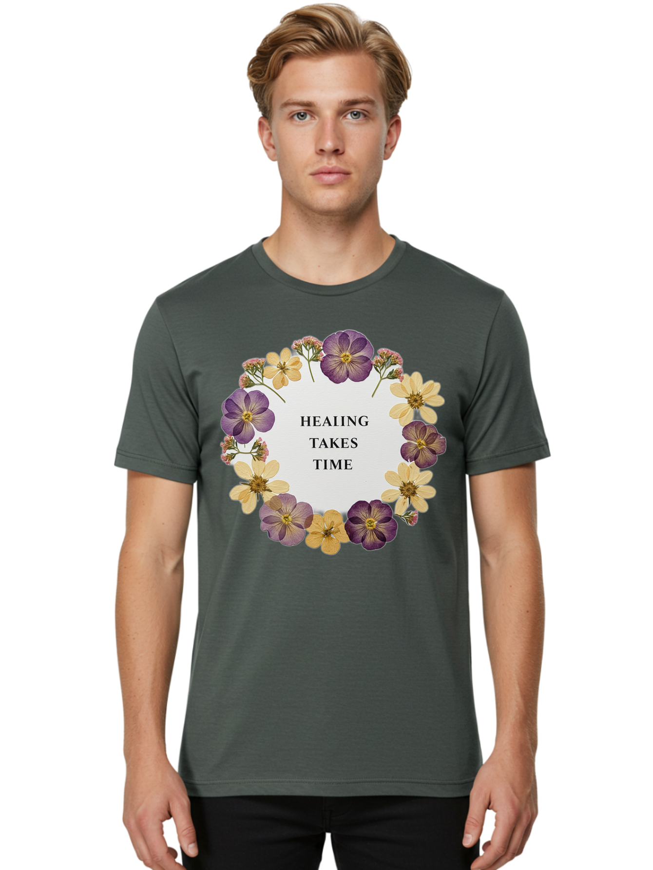 Healing-Takes-Time-5 Men'S Graphic Tee, 100% Cotton, Comfortable Casual Summer Wear, Machine Washable, Healing Takes Time, Purple And Yellow Flowers, Floral Wreath, Inspirational Quote, Motivational Message, Mental Health Awareness, Self Care, Bae035 17