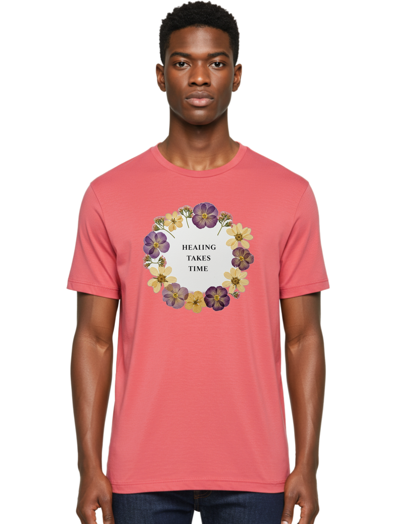 Healing-Takes-Time-5 Men'S Graphic Tee, 100% Cotton, Comfortable Casual Summer Wear, Machine Washable, Healing Takes Time, Purple And Yellow Flowers, Floral Wreath, Inspirational Quote, Motivational Message, Mental Health Awareness, Self Care, Bae035 21