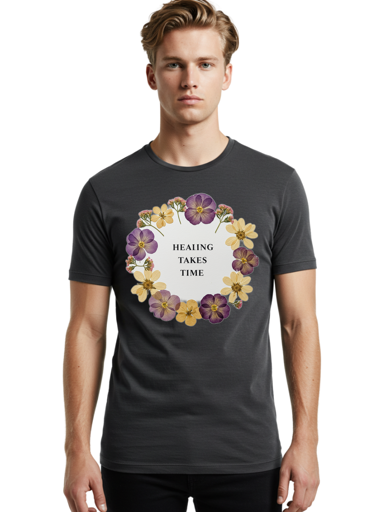 Healing-Takes-Time-5 Men'S Graphic Tee, 100% Cotton, Comfortable Casual Summer Wear, Machine Washable, Healing Takes Time, Purple And Yellow Flowers, Floral Wreath, Inspirational Quote, Motivational Message, Mental Health Awareness, Self Care, Bae035 20