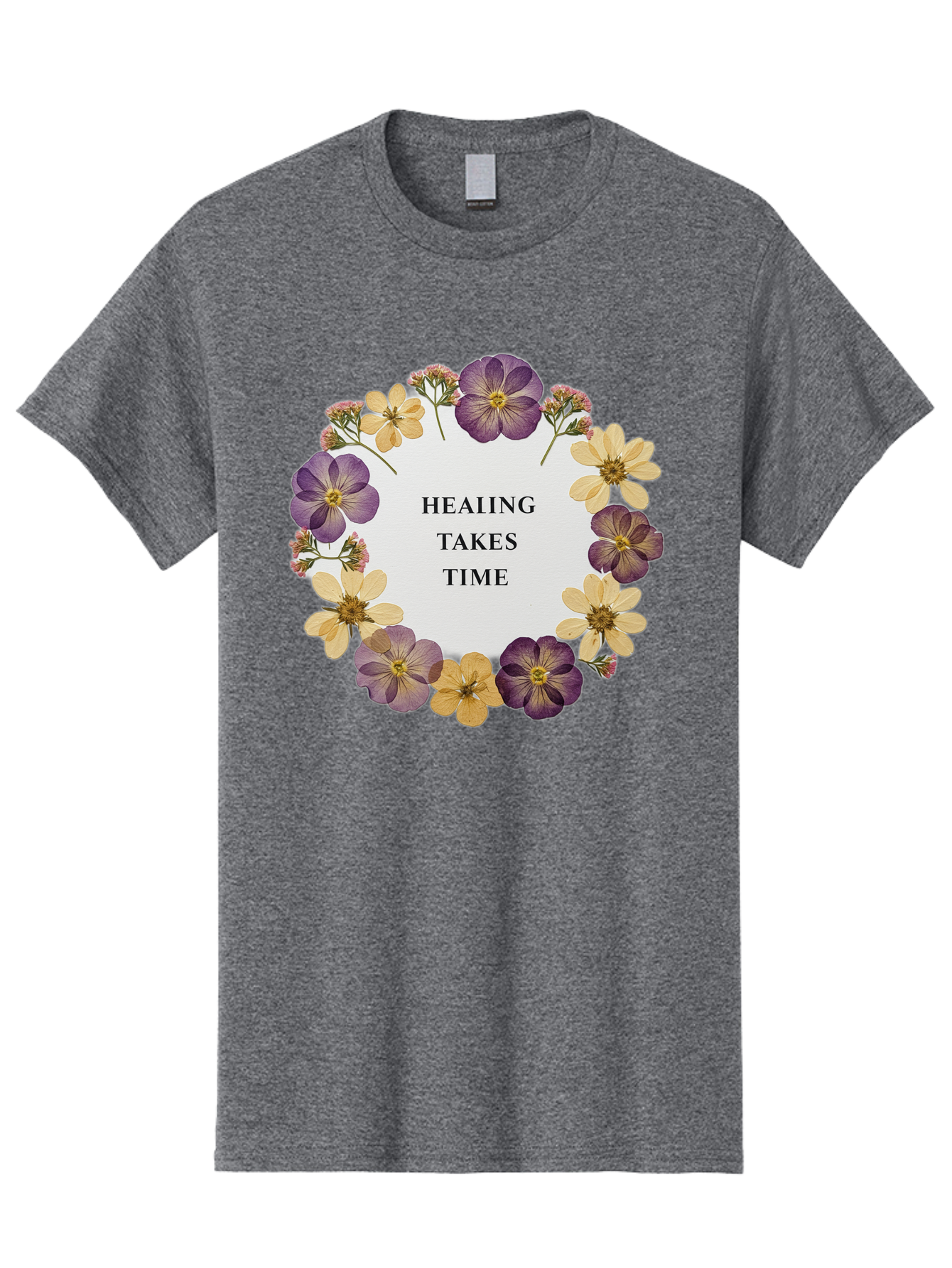 Healing-Takes-Time-5 Men'S Graphic Tee, 100% Cotton, Comfortable Casual Summer Wear, Machine Washable, Healing Takes Time, Purple And Yellow Flowers, Floral Wreath, Inspirational Quote, Motivational Message, Mental Health Awareness, Self Care, Bae035 12