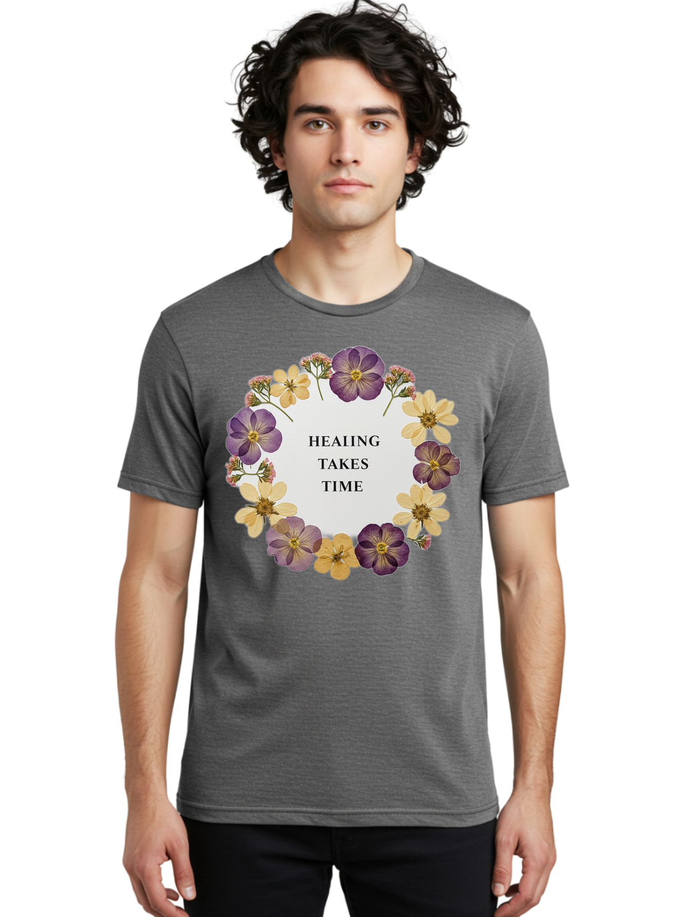 Healing-Takes-Time-5 Men'S Graphic Tee, 100% Cotton, Comfortable Casual Summer Wear, Machine Washable, Healing Takes Time, Purple And Yellow Flowers, Floral Wreath, Inspirational Quote, Motivational Message, Mental Health Awareness, Self Care, Bae035 27