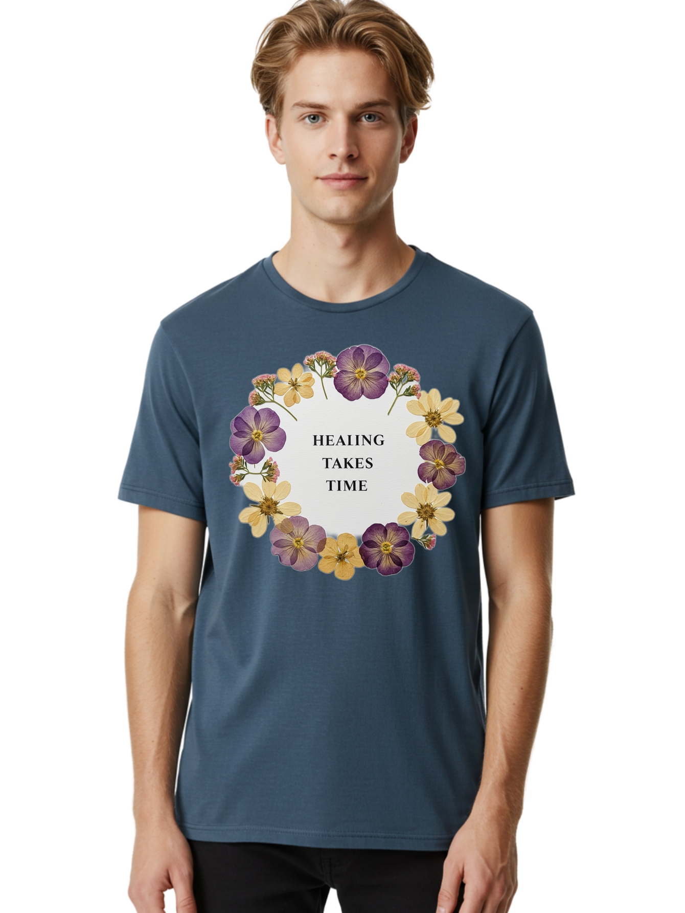 Healing-Takes-Time-5 Men'S Graphic Tee, 100% Cotton, Comfortable Casual Summer Wear, Machine Washable, Healing Takes Time, Purple And Yellow Flowers, Floral Wreath, Inspirational Quote, Motivational Message, Mental Health Awareness, Self Care, Bae035 30