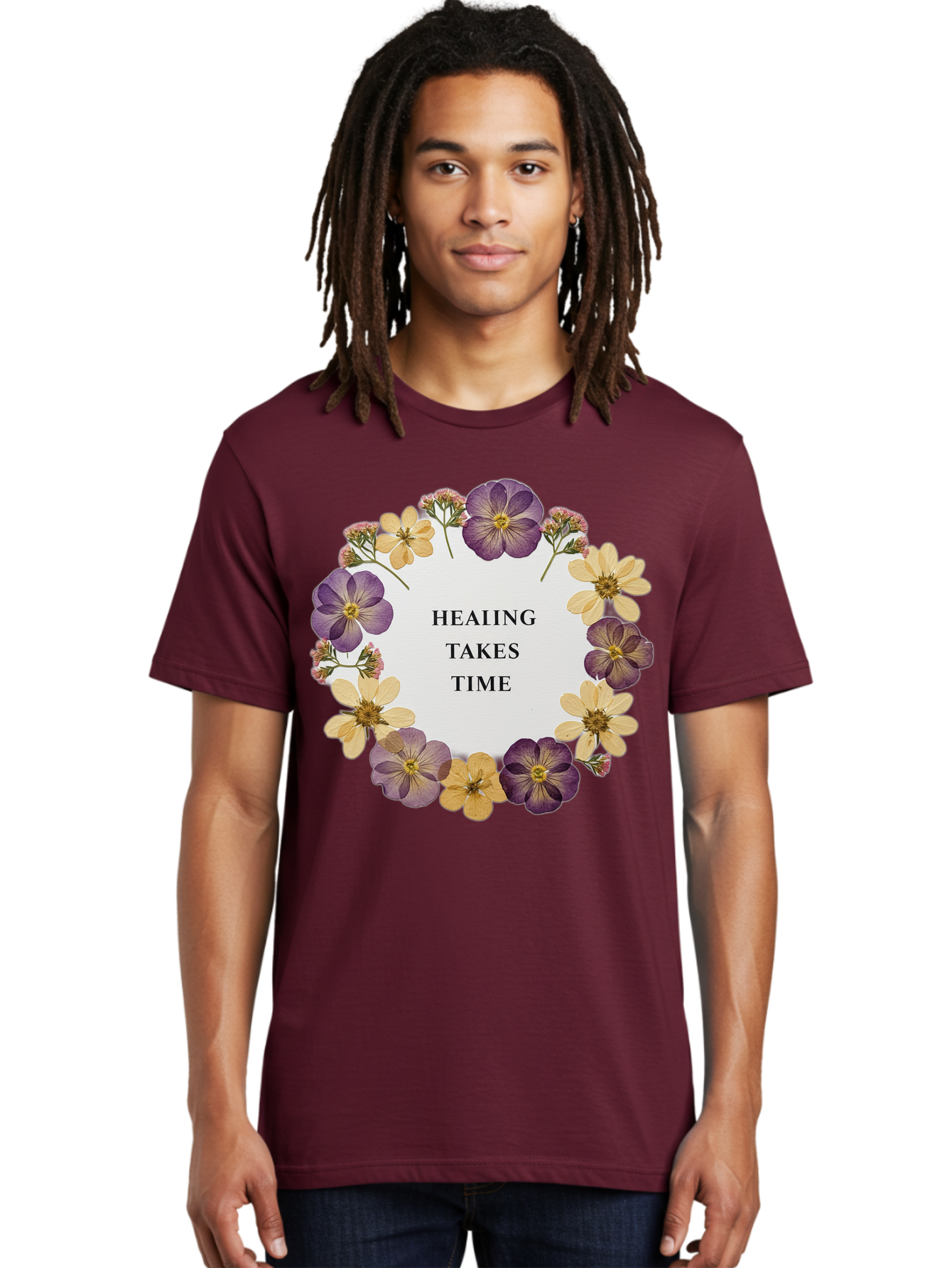 Healing-Takes-Time-5 Men'S Graphic Tee, 100% Cotton, Comfortable Casual Summer Wear, Machine Washable, Healing Takes Time, Purple And Yellow Flowers, Floral Wreath, Inspirational Quote, Motivational Message, Mental Health Awareness, Self Care, Bae035 28
