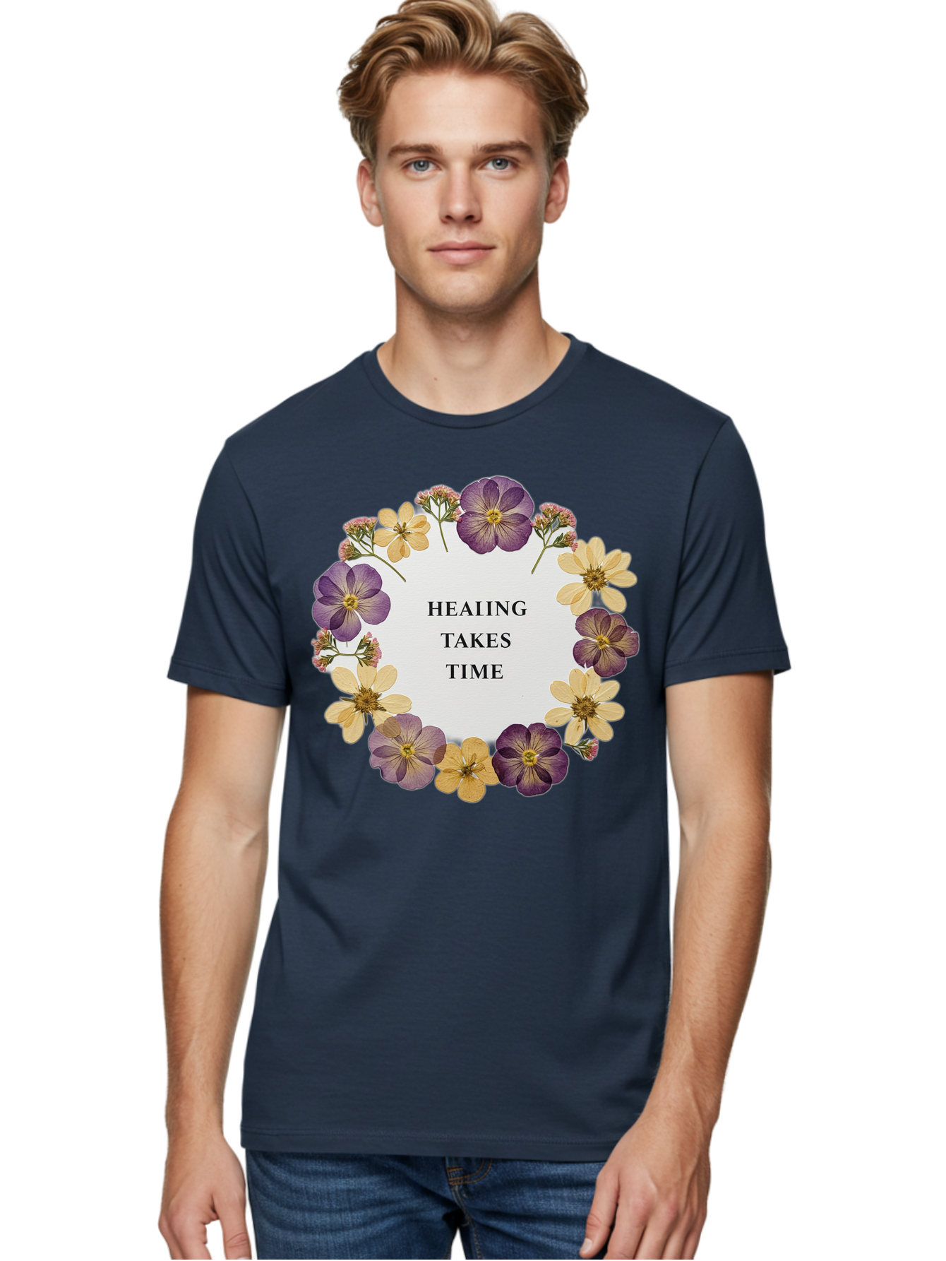 Healing-Takes-Time-5 Men'S Graphic Tee, 100% Cotton, Comfortable Casual Summer Wear, Machine Washable, Healing Takes Time, Purple And Yellow Flowers, Floral Wreath, Inspirational Quote, Motivational Message, Mental Health Awareness, Self Care, Bae035 22