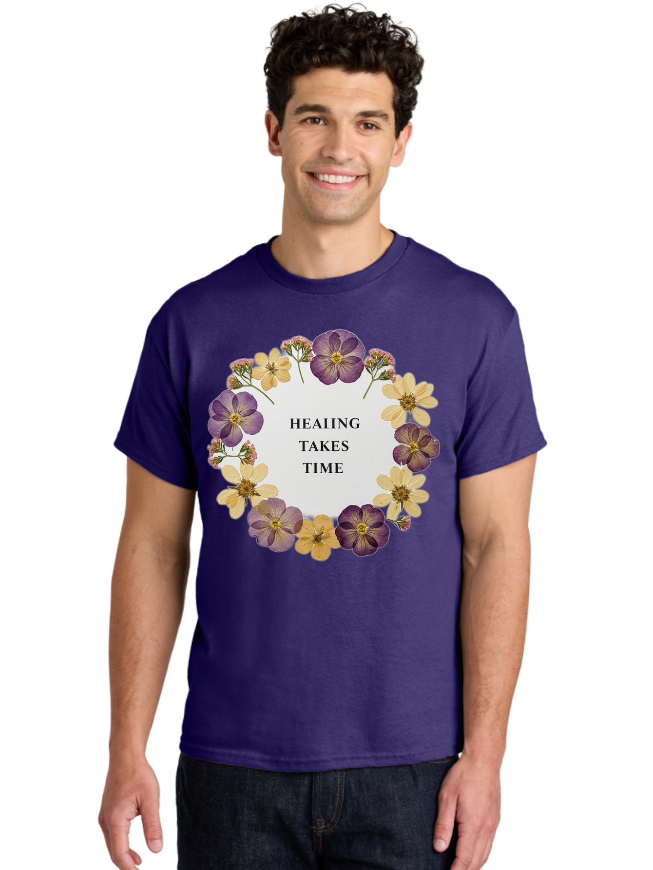 Healing-Takes-Time-5 Men'S Graphic Tee, 100% Cotton, Comfortable Casual Summer Wear, Machine Washable, Healing Takes Time, Purple And Yellow Flowers, Floral Wreath, Inspirational Quote, Motivational Message, Mental Health Awareness, Self Care, Bae035 25