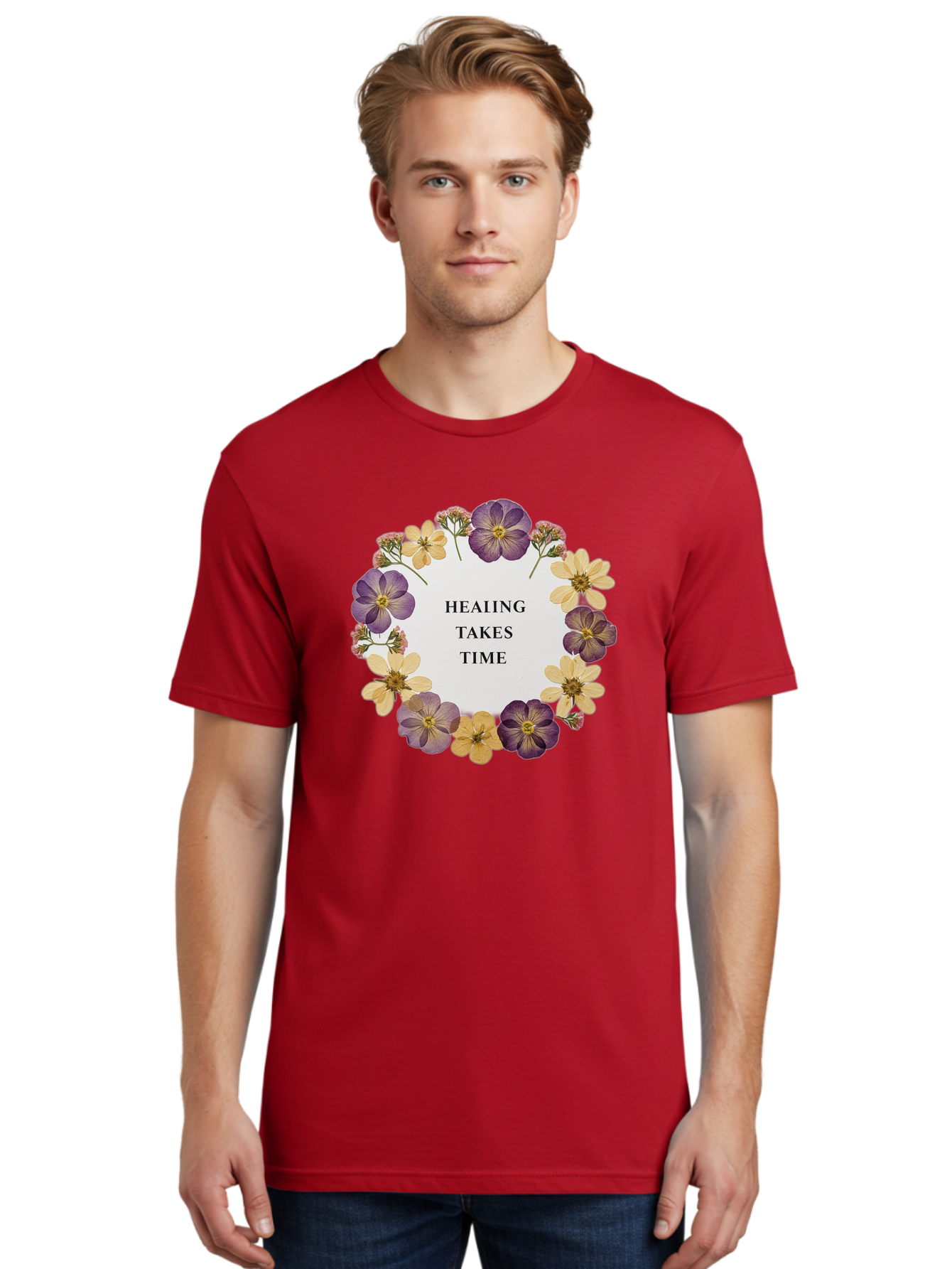 Healing-Takes-Time-5 Men'S Graphic Tee, 100% Cotton, Comfortable Casual Summer Wear, Machine Washable, Healing Takes Time, Purple And Yellow Flowers, Floral Wreath, Inspirational Quote, Motivational Message, Mental Health Awareness, Self Care, Bae035 29