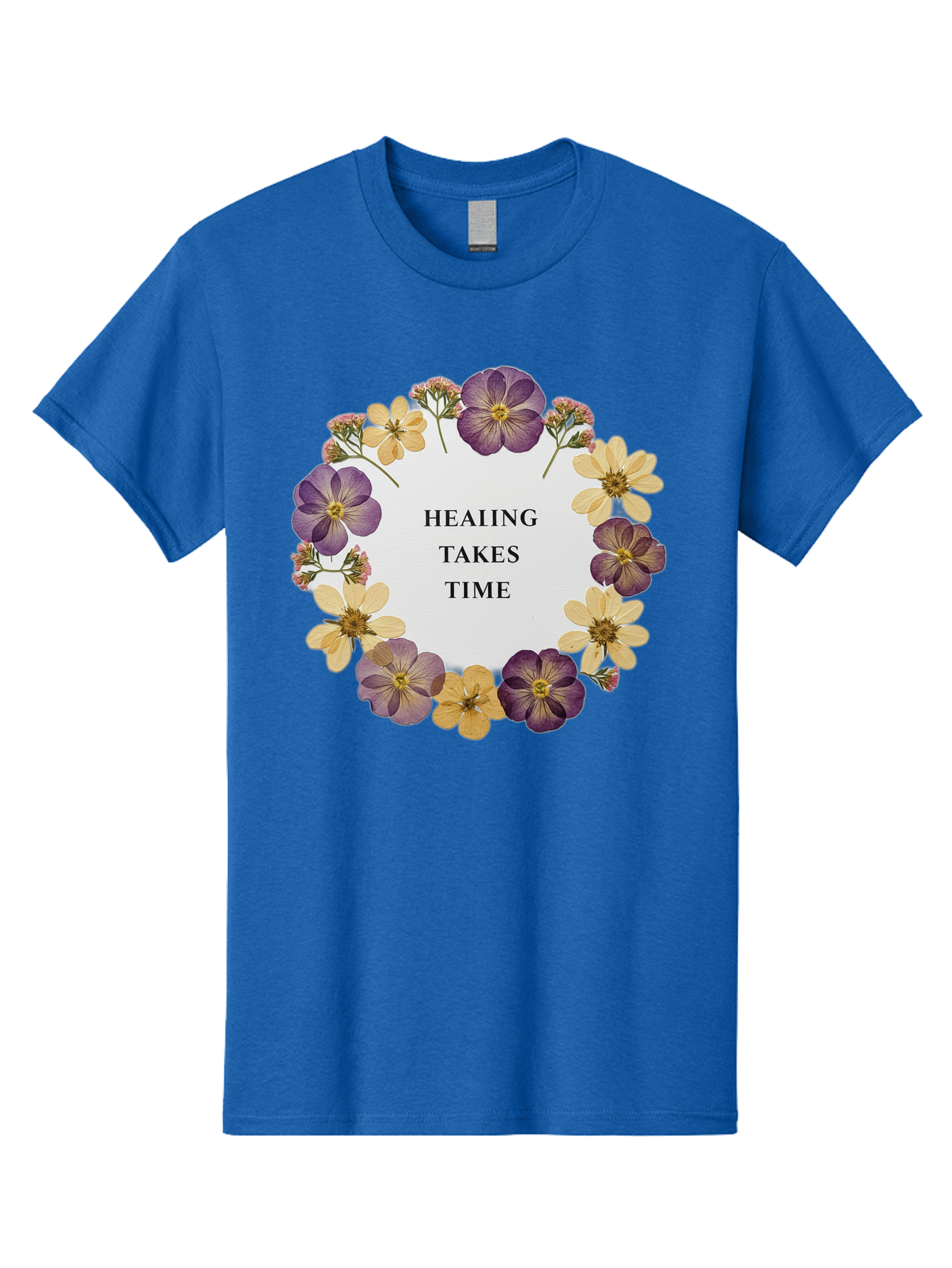 Healing-Takes-Time-5 Men'S Graphic Tee, 100% Cotton, Comfortable Casual Summer Wear, Machine Washable, Healing Takes Time, Purple And Yellow Flowers, Floral Wreath, Inspirational Quote, Motivational Message, Mental Health Awareness, Self Care, Bae035 3