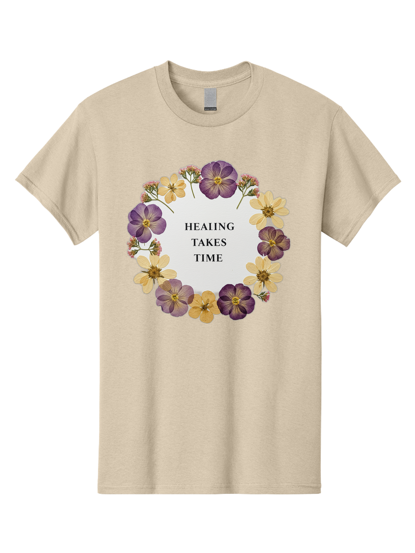 Healing-Takes-Time-5 Men'S Graphic Tee, 100% Cotton, Comfortable Casual Summer Wear, Machine Washable, Healing Takes Time, Purple And Yellow Flowers, Floral Wreath, Inspirational Quote, Motivational Message, Mental Health Awareness, Self Care, Bae035 1