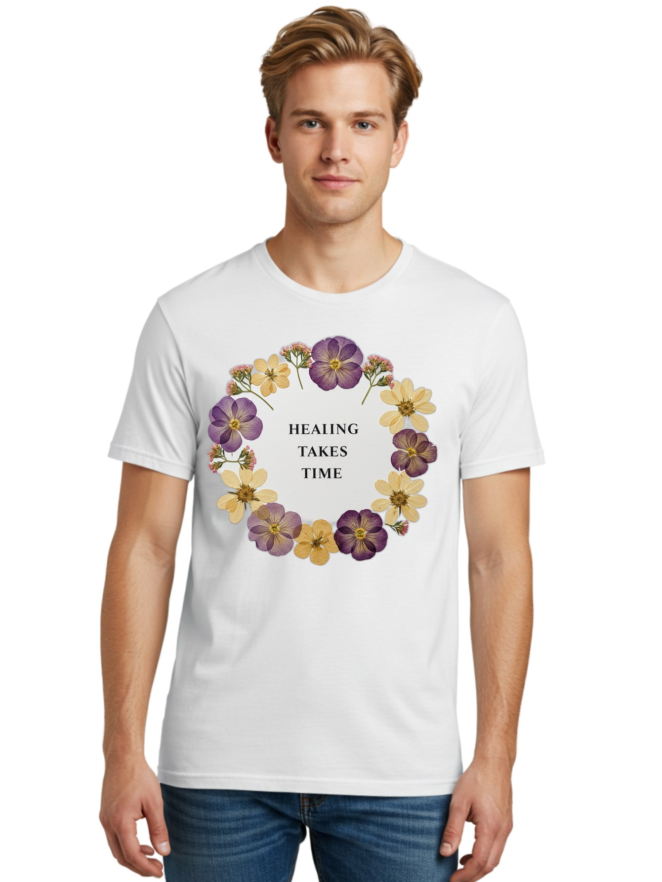 Healing-Takes-Time-5 Men'S Graphic Tee, 100% Cotton, Comfortable Casual Summer Wear, Machine Washable, Healing Takes Time, Purple And Yellow Flowers, Floral Wreath, Inspirational Quote, Motivational Message, Mental Health Awareness, Self Care, Bae035 24