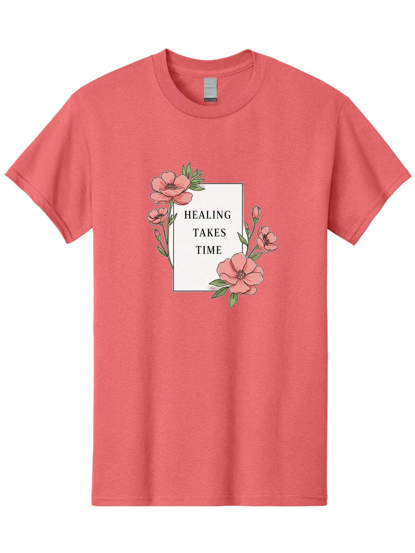 Healing-Takes-Time Men'S Graphic Tee, 100% Cotton, Comfortable Casual Summer Wear, Machine Washable, Inspirational Quote, Healing Process, Floral Illustration, Pink Flowers, Motivational Message, Self Care, Wellness, Mental Health Awareness, Bae036 1