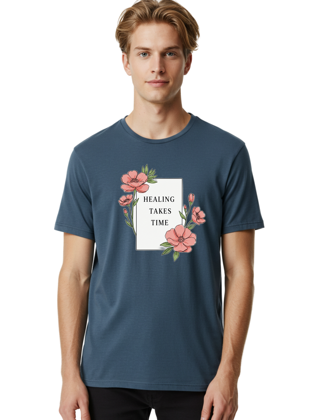 Healing-Takes-Time Men'S Graphic Tee, 100% Cotton, Comfortable Casual Summer Wear, Machine Washable, Inspirational Quote, Healing Process, Floral Illustration, Pink Flowers, Motivational Message, Self Care, Wellness, Mental Health Awareness, Bae036 30
