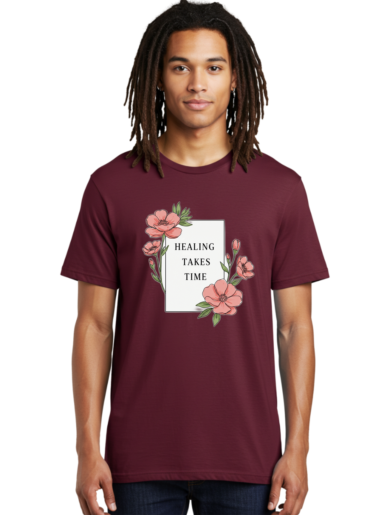 Healing-Takes-Time Men'S Graphic Tee, 100% Cotton, Comfortable Casual Summer Wear, Machine Washable, Inspirational Quote, Healing Process, Floral Illustration, Pink Flowers, Motivational Message, Self Care, Wellness, Mental Health Awareness, Bae036 29