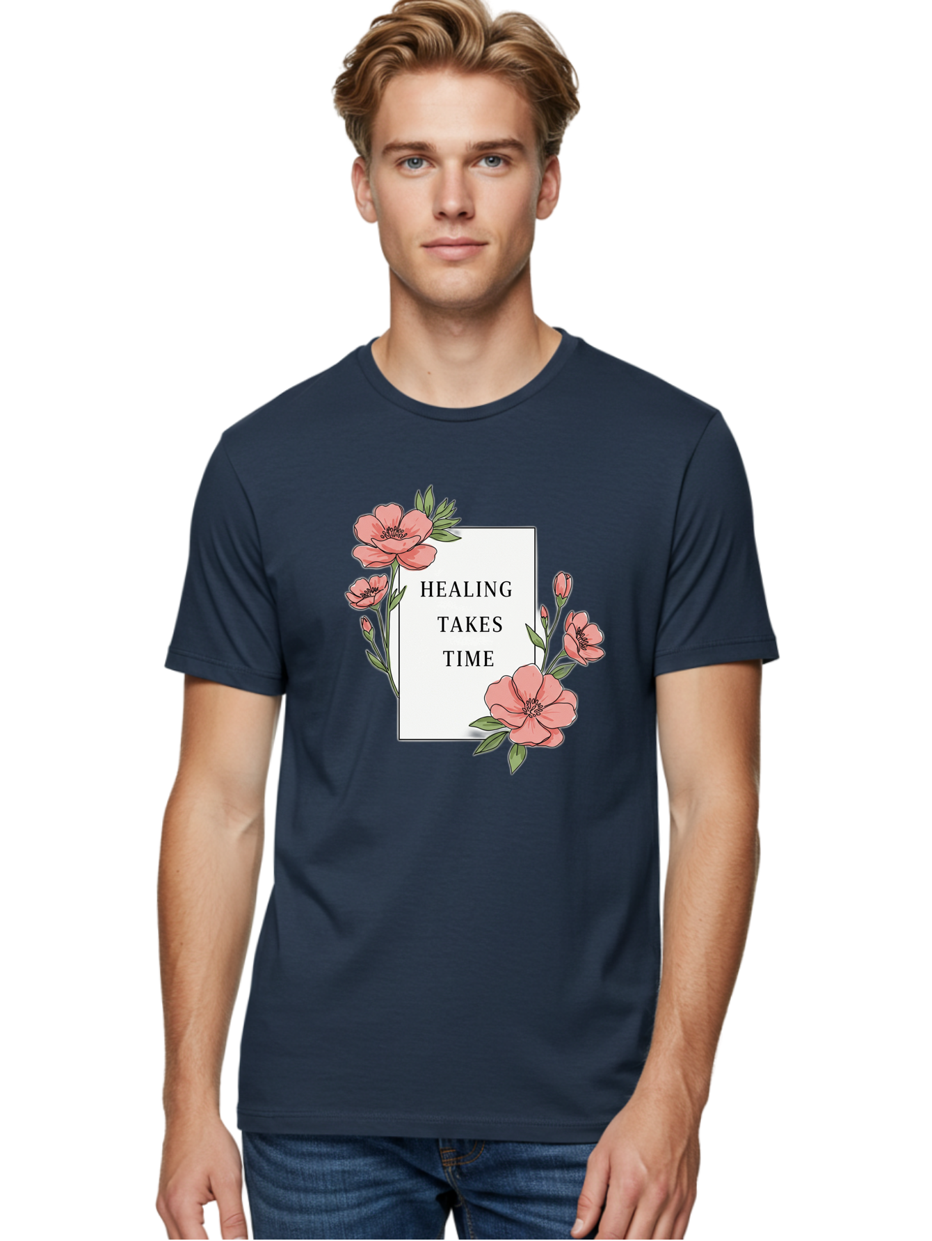 Healing-Takes-Time Men'S Graphic Tee, 100% Cotton, Comfortable Casual Summer Wear, Machine Washable, Inspirational Quote, Healing Process, Floral Illustration, Pink Flowers, Motivational Message, Self Care, Wellness, Mental Health Awareness, Bae036 22