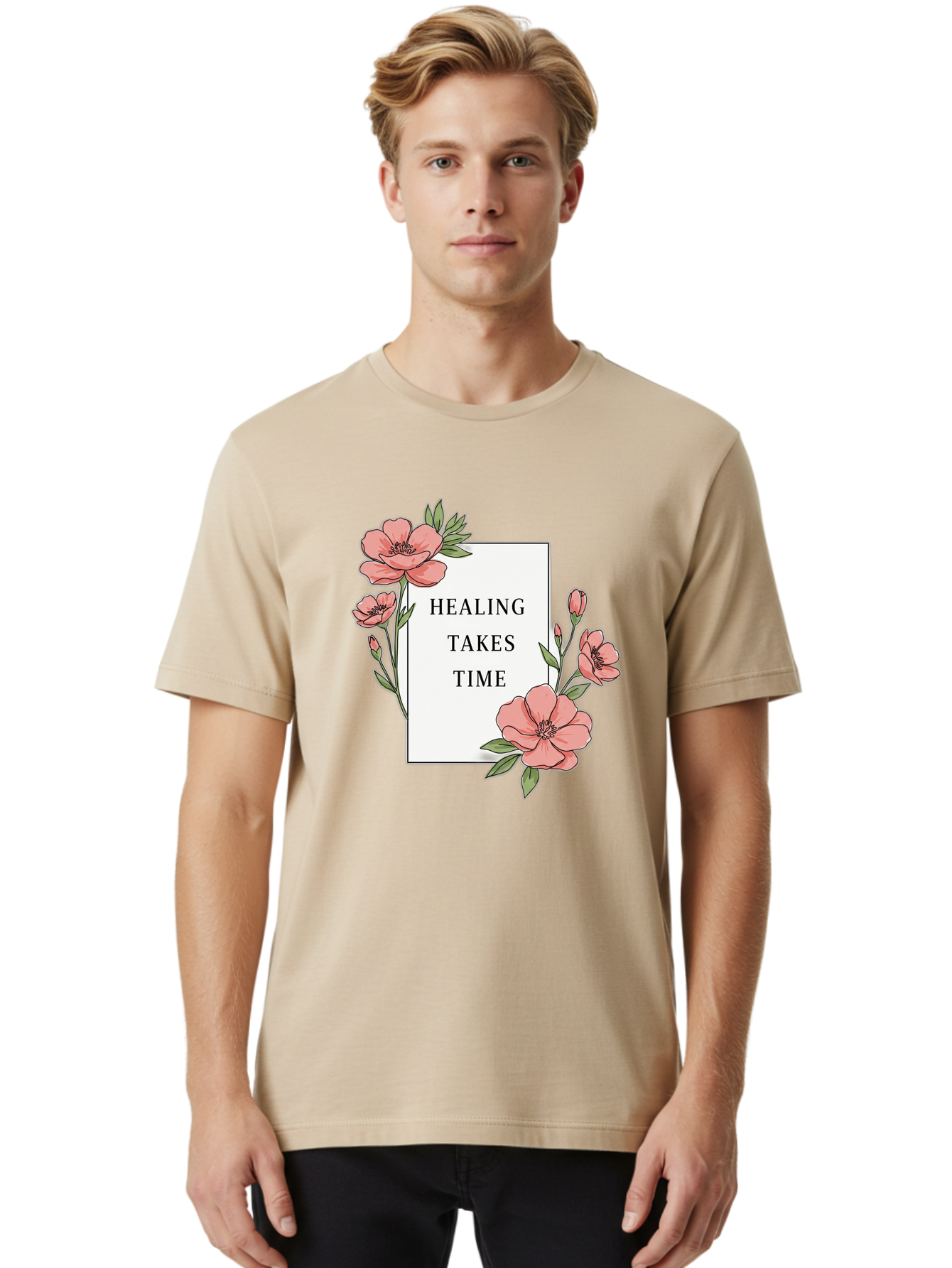 Healing-Takes-Time Men'S Graphic Tee, 100% Cotton, Comfortable Casual Summer Wear, Machine Washable, Inspirational Quote, Healing Process, Floral Illustration, Pink Flowers, Motivational Message, Self Care, Wellness, Mental Health Awareness, Bae036 17