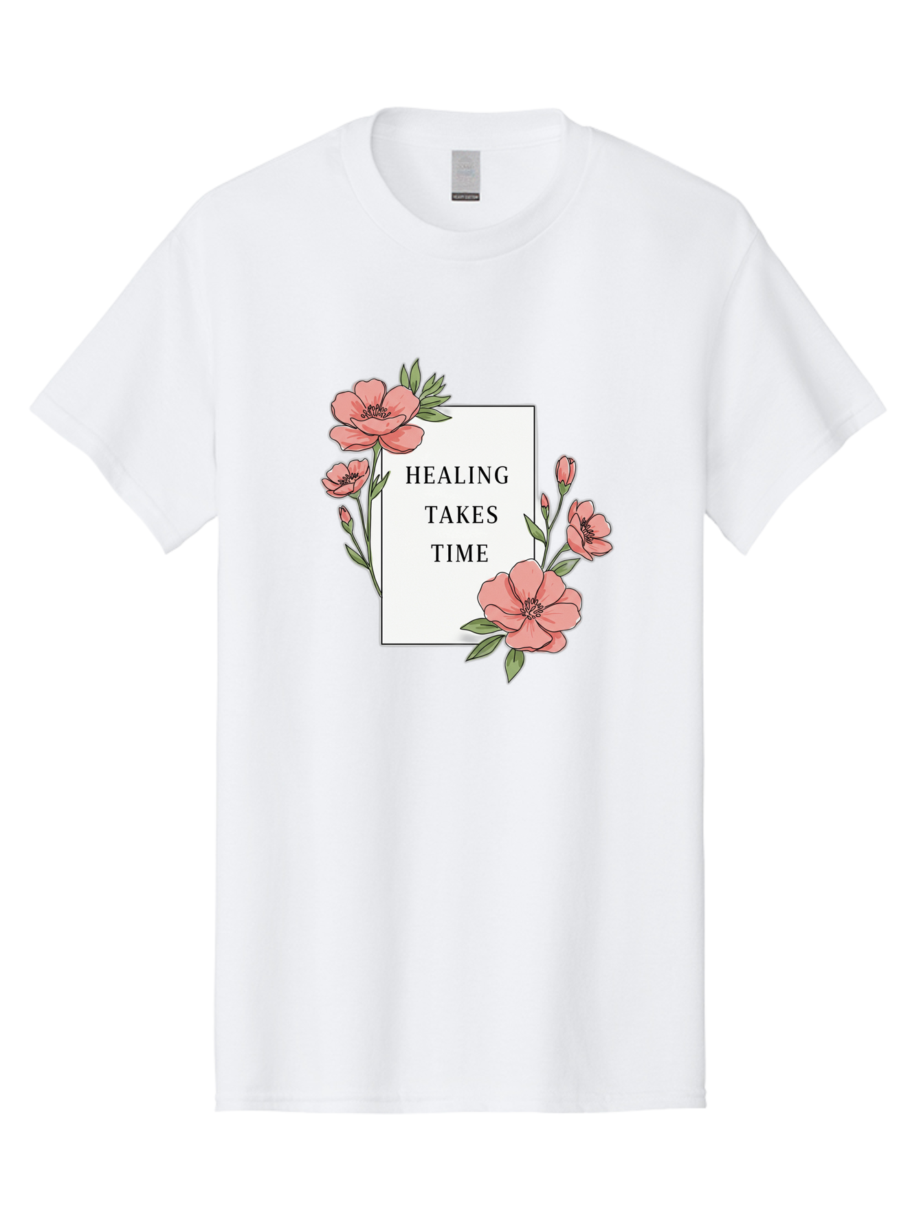Healing-Takes-Time Men'S Graphic Tee, 100% Cotton, Comfortable Casual Summer Wear, Machine Washable, Inspirational Quote, Healing Process, Floral Illustration, Pink Flowers, Motivational Message, Self Care, Wellness, Mental Health Awareness, Bae036 5