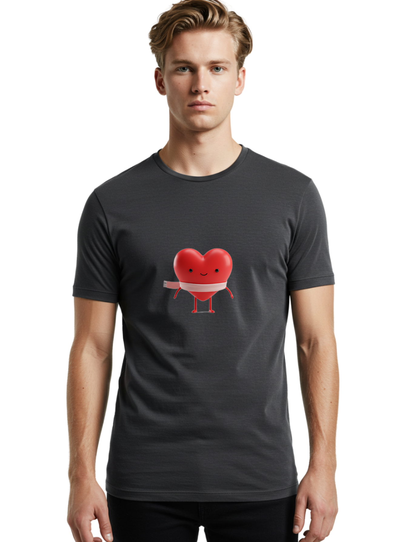 Heart-Character-1 Men'S Graphic Tee, 100% Cotton, Comfortable Casual Summer Wear, Machine Washable, Heart Character, Wounded Heart, Cartoon Heart, Bandaged Heart, Cute Heart, Love Symbol, Heart Health, Heartbreak, Valentine'S Day, Bae037 22