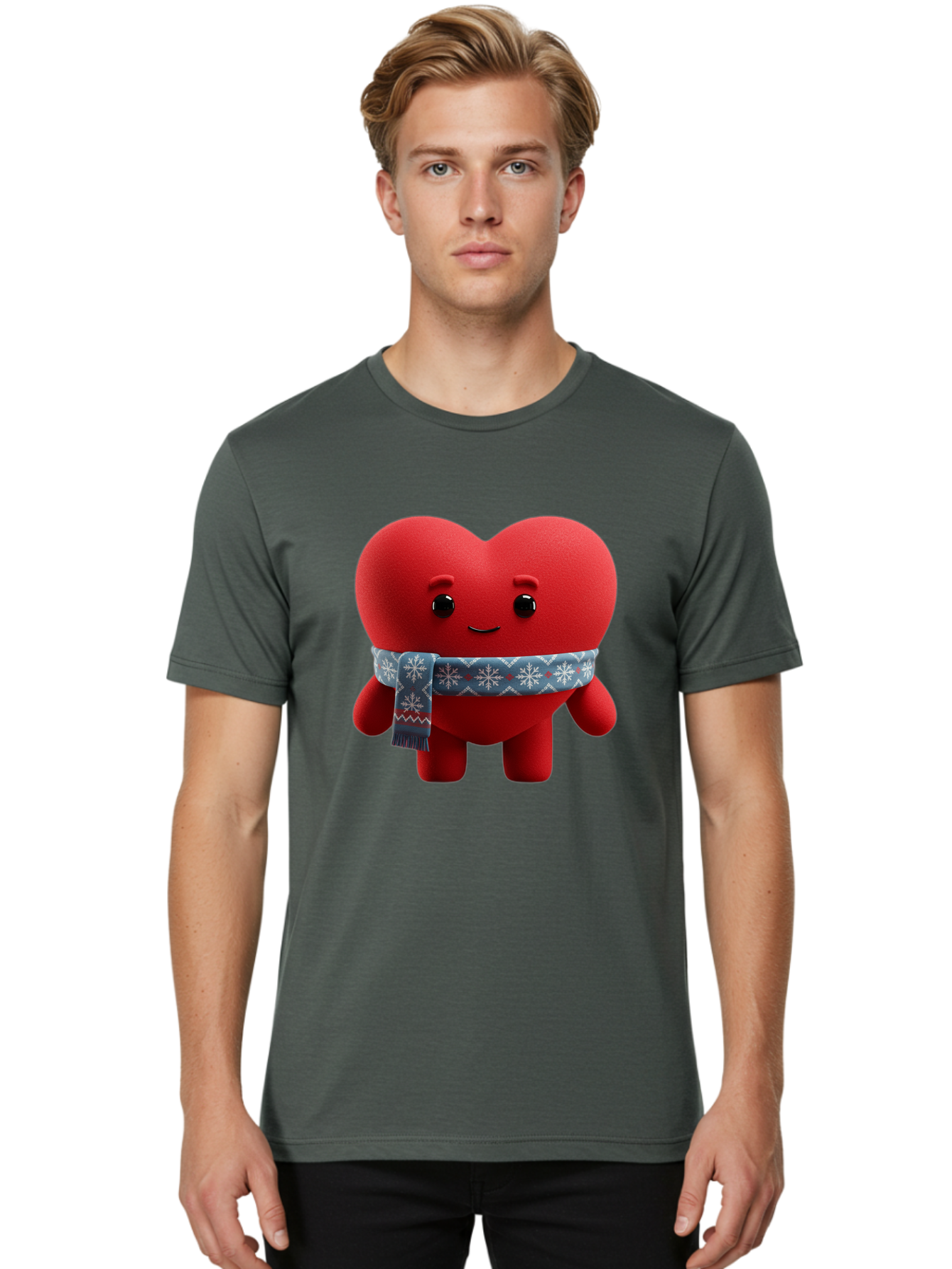Heart-Character-2 Men'S Graphic Tee, 100% Cotton, Comfortable Casual Summer Wear, Machine Washable, Heart Character, Red Heart, Snowflake Scarf, Winter Theme, Cute Character, Love Symbol, Festive Design, Cartoon Heart, Smiling Face Bae038 29