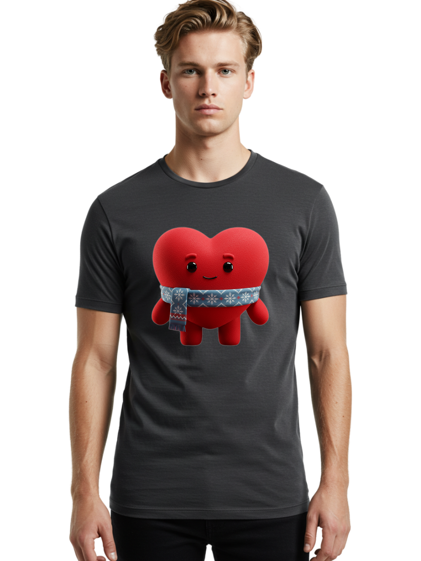 Heart-Character-2 Men'S Graphic Tee, 100% Cotton, Comfortable Casual Summer Wear, Machine Washable, Heart Character, Red Heart, Snowflake Scarf, Winter Theme, Cute Character, Love Symbol, Festive Design, Cartoon Heart, Smiling Face Bae038 18