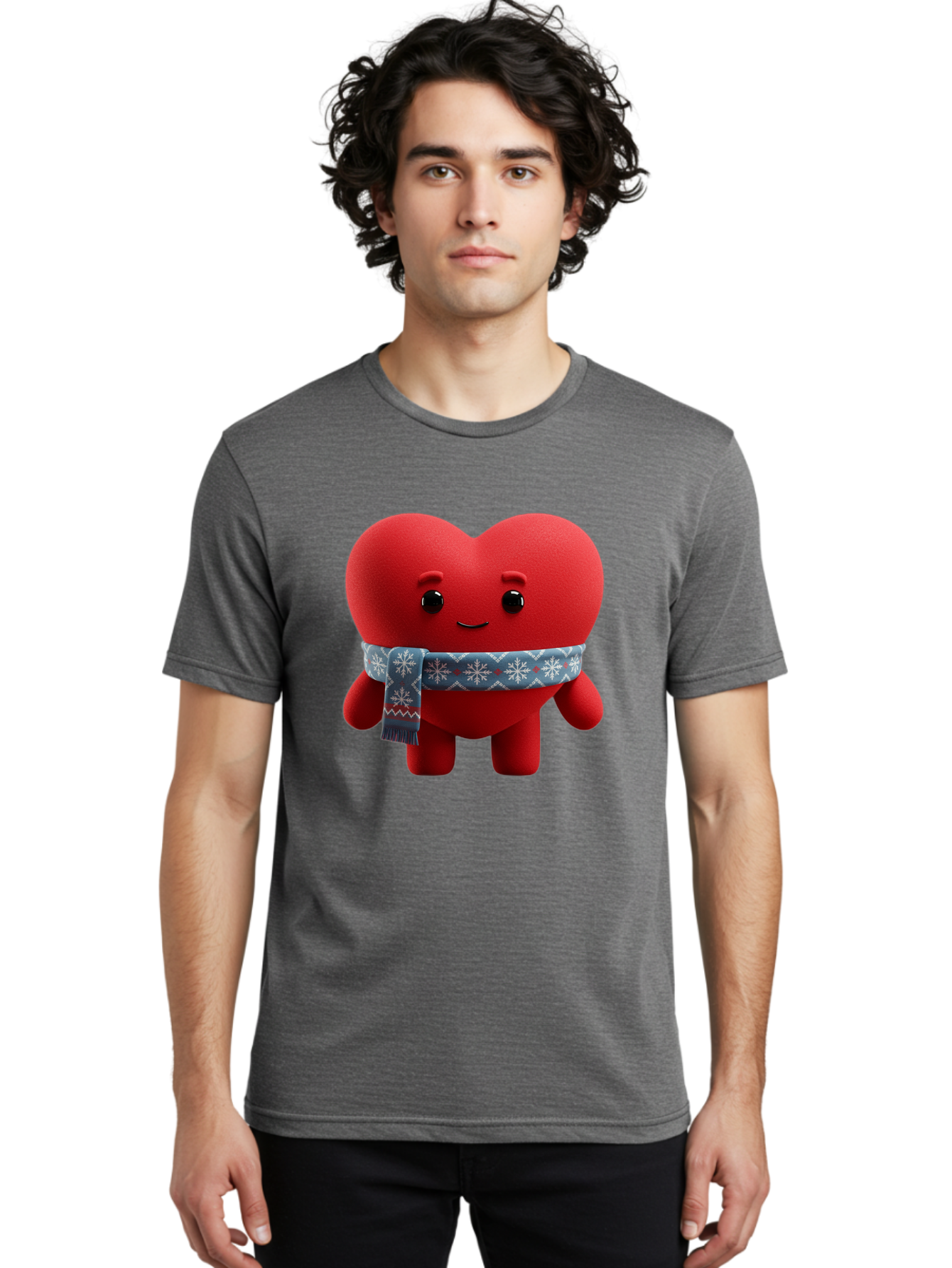 Heart-Character-2 Men'S Graphic Tee, 100% Cotton, Comfortable Casual Summer Wear, Machine Washable, Heart Character, Red Heart, Snowflake Scarf, Winter Theme, Cute Character, Love Symbol, Festive Design, Cartoon Heart, Smiling Face Bae038 16