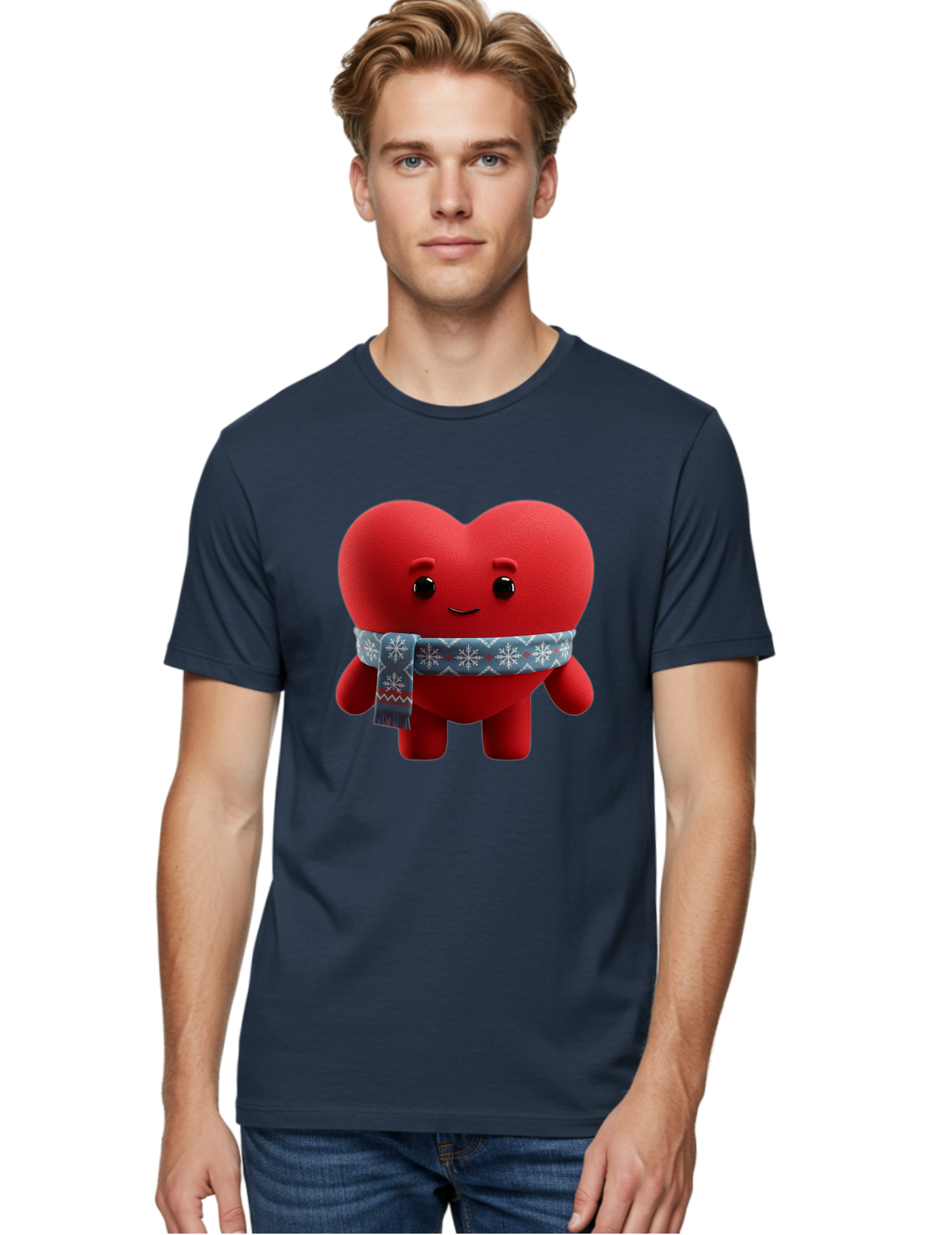 Heart-Character-2 Men'S Graphic Tee, 100% Cotton, Comfortable Casual Summer Wear, Machine Washable, Heart Character, Red Heart, Snowflake Scarf, Winter Theme, Cute Character, Love Symbol, Festive Design, Cartoon Heart, Smiling Face Bae038 22