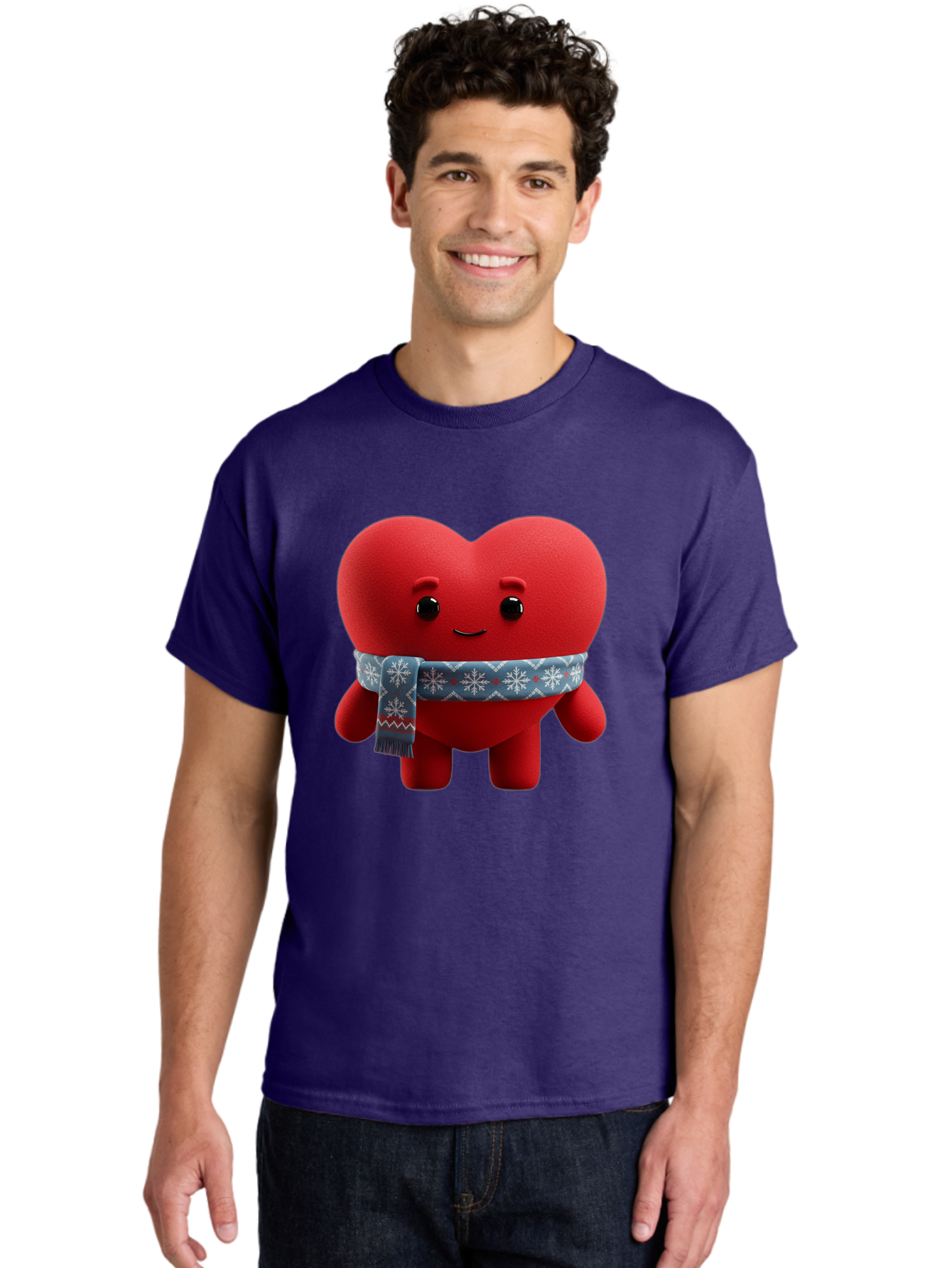 Heart-Character-2 Men'S Graphic Tee, 100% Cotton, Comfortable Casual Summer Wear, Machine Washable, Heart Character, Red Heart, Snowflake Scarf, Winter Theme, Cute Character, Love Symbol, Festive Design, Cartoon Heart, Smiling Face Bae038 21
