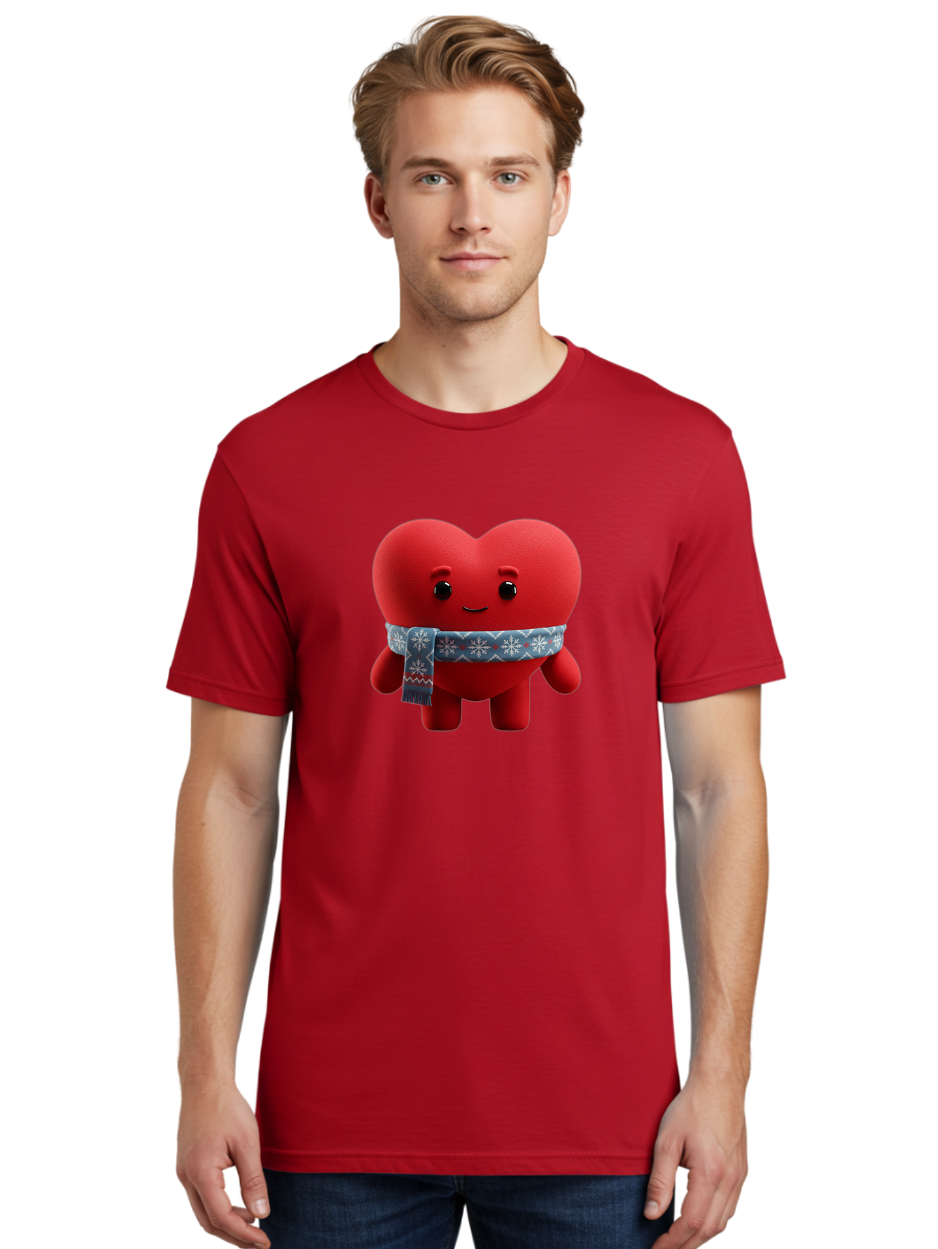 Heart-Character-2 Men'S Graphic Tee, 100% Cotton, Comfortable Casual Summer Wear, Machine Washable, Heart Character, Red Heart, Snowflake Scarf, Winter Theme, Cute Character, Love Symbol, Festive Design, Cartoon Heart, Smiling Face Bae038 23