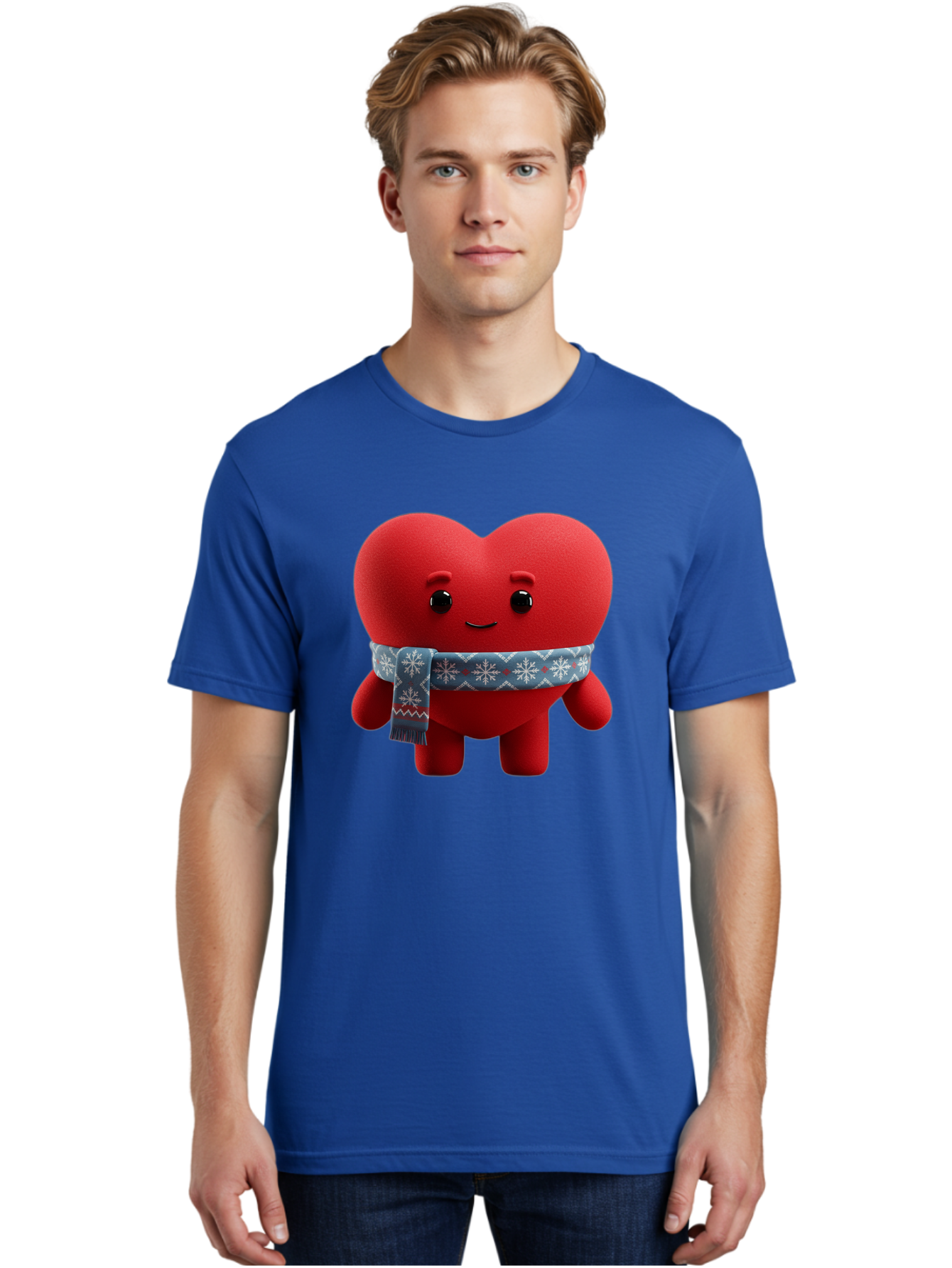 Heart-Character-2 Men'S Graphic Tee, 100% Cotton, Comfortable Casual Summer Wear, Machine Washable, Heart Character, Red Heart, Snowflake Scarf, Winter Theme, Cute Character, Love Symbol, Festive Design, Cartoon Heart, Smiling Face Bae038 28