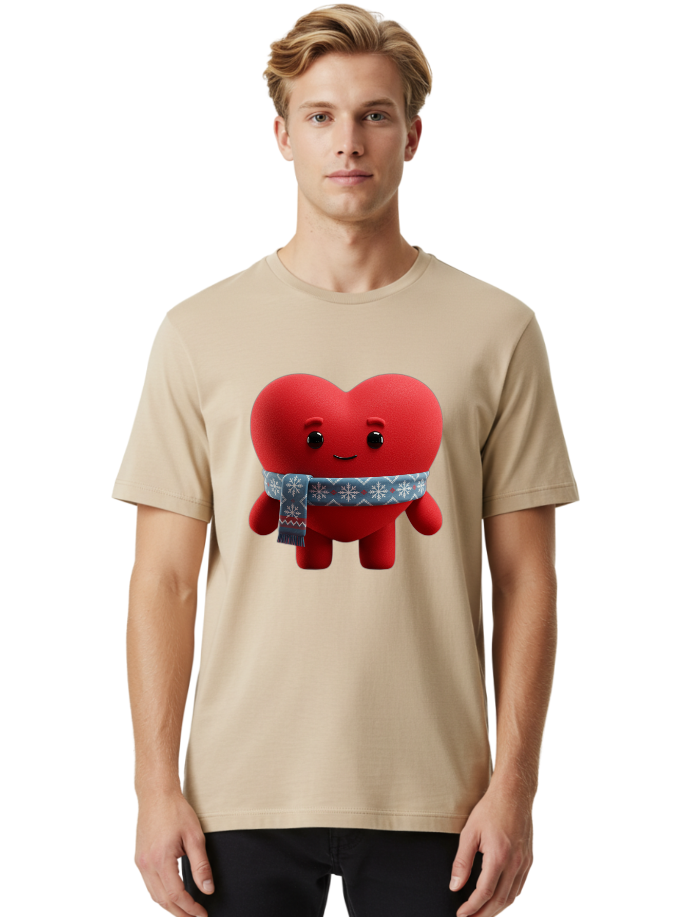 Heart-Character-2 Men'S Graphic Tee, 100% Cotton, Comfortable Casual Summer Wear, Machine Washable, Heart Character, Red Heart, Snowflake Scarf, Winter Theme, Cute Character, Love Symbol, Festive Design, Cartoon Heart, Smiling Face Bae038 24